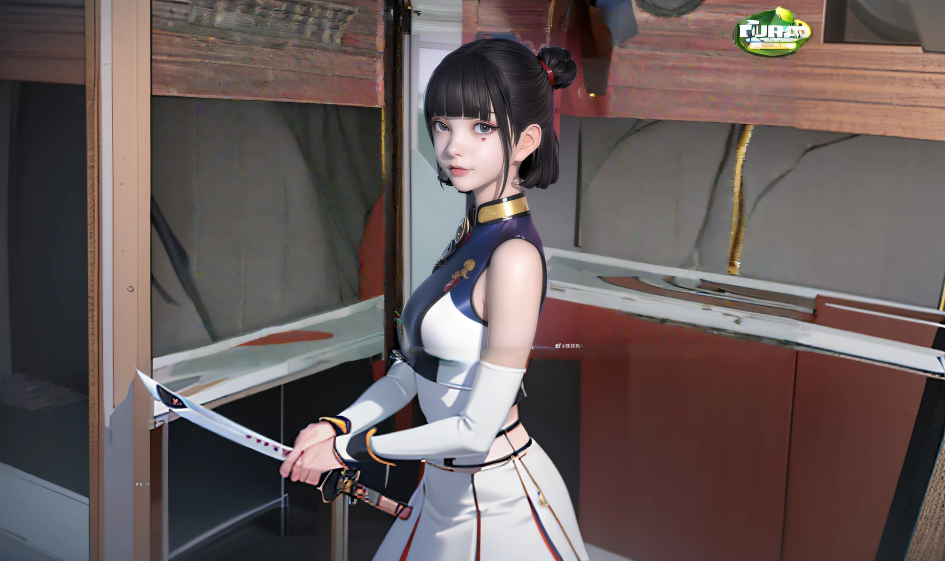 Anime girl holding a sword in white top and black pants, Realistic anime 3 D style, photorealistic anime girl rendering, 3 d anime realistic, Rendu portrait 8k, Smooth anime CG art, anime styled 3d, render of a cute 3d anime girl, 3d anime girl, made with anime painter studio, inspired by Leng Mei