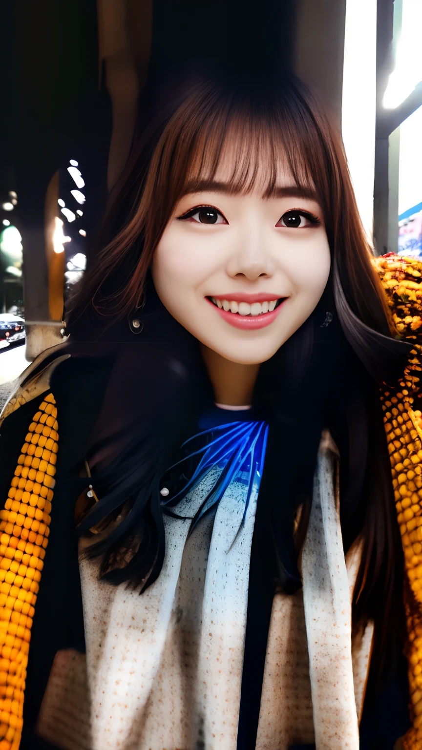 Raw photo, Photorealsitic, Full body like, is standing, Beautuful Women, -yeld wo, a smile, hight resolution, super precision, Best Quality, muffler, TOKYOcty, chee, Omotesando, Leaves, Street corner in autumn, blue open sky, 1girl in, knee sox, show window, Pull the camera, street shot, coat