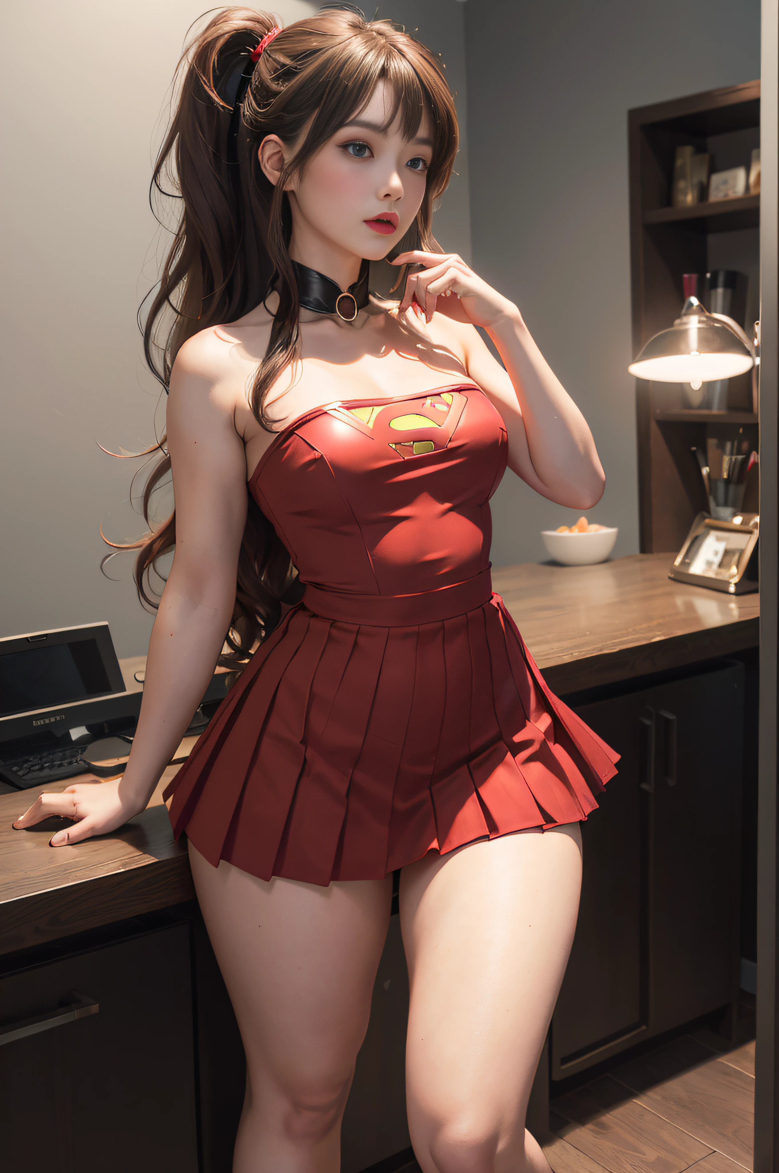 Enamel Bodycon、armpits、Bodysuits、Long body、Twin-tailed、Underpants、raise both arm、a miniskirt、Full smile、the front
