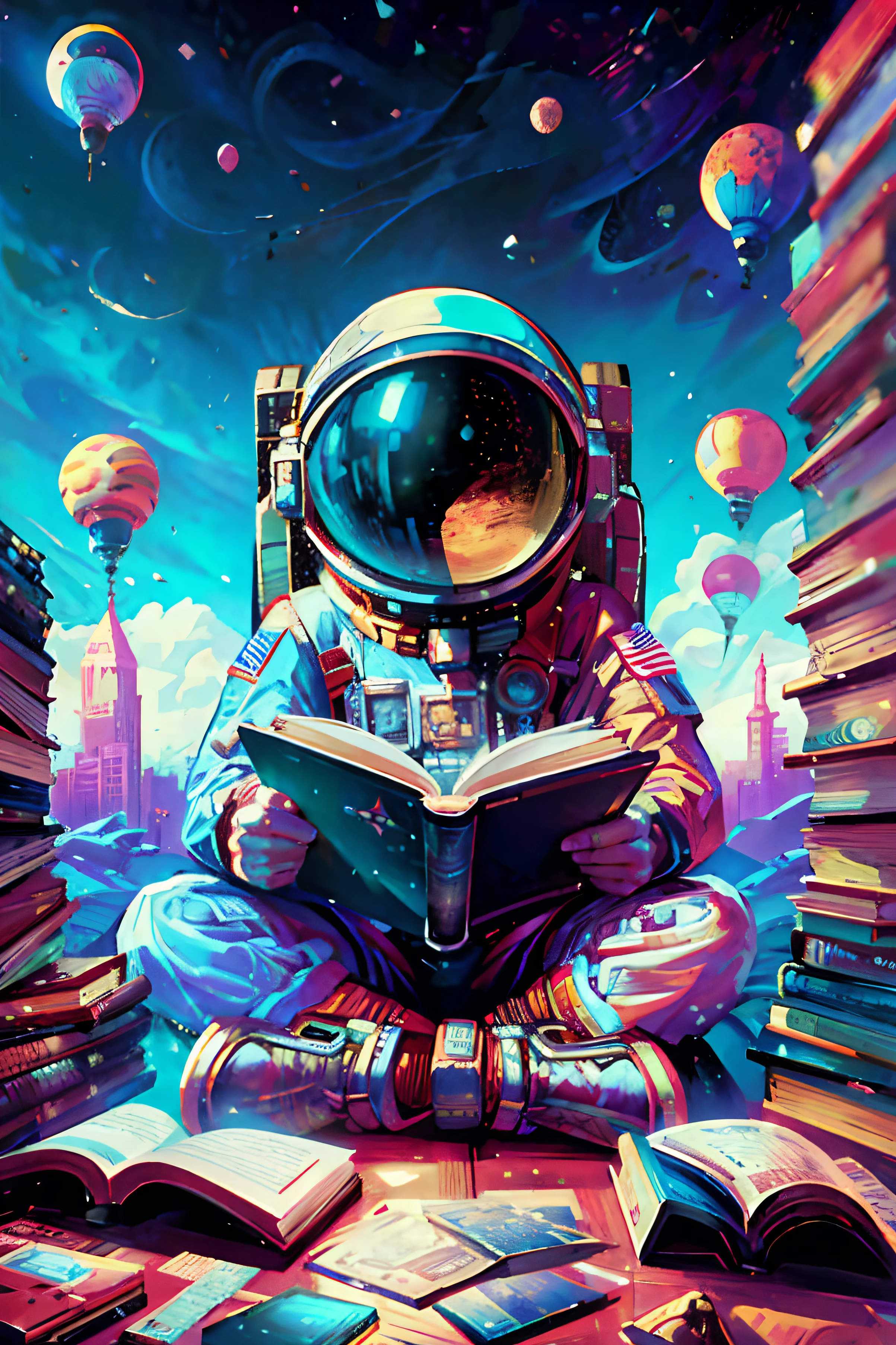 A digital illustration of an astronaut reading a book in a library, Arte da Biblioteca Espacial Borne, No estilo Dan Mumford obra de arte, No estilo de arte de Dan Mumford, inspirado em Cyril Rolando, No estilo de Cyril Rolando, sci - fi illustrations, sci-fi illustrations, inspirado em Dan Mumford, Jen Bartel, Pintura de Dan Mumford, Directed by: Dan Mumford