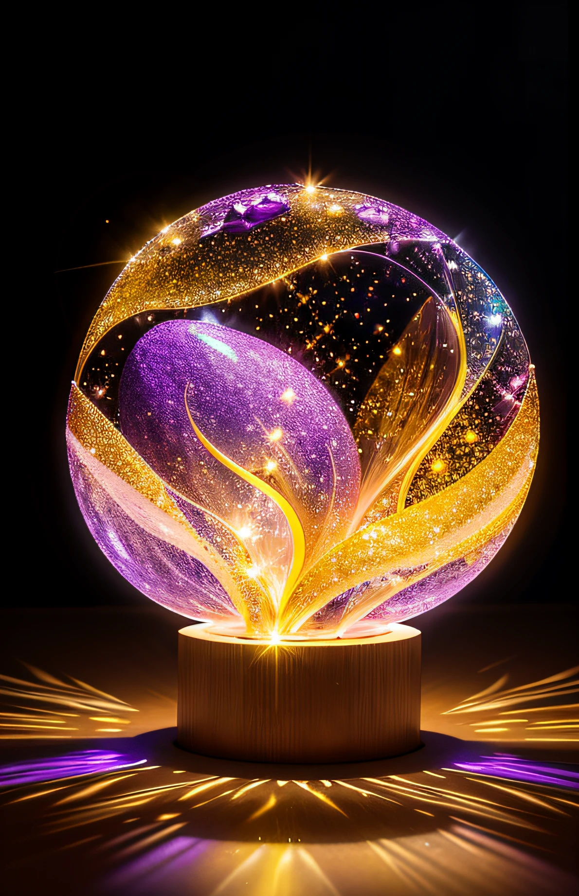 Stunning crystal quartz, powerful and elegant, violet, rough surface, shining, gleaming light, inner yellow glow, gleaming light, glittering and glowing, glossy, beautiful and captivating, high-res, glittering, beautiful, natural, intricate, high-res, detailed, masterpiece, ambient lighting, intense lighting, displayed on table, indoor background, blur background