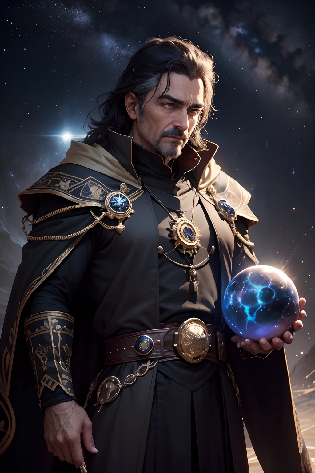 Nocturnal is a wise and dedicated cosmic mage who serves as an advisor to the queen of the Solaris Kingdom. His name is an apt representation of his nature, since he is deeply involved in the study of the celestial stars and events, especialmente durante as horas noturnas. He is known for his distinctive and imposing appearance. Nocturnal is a tall man, Thin and old. His eyes are deep and dark, Like outer space, e parecem brilhar com uma sabedoria ancestral. Ele veste um manto ????? e estrelado, embroidered with mystical symbols representing constellations and planets. An ebony staff adorned with a star-shaped carved obsidian sphere is his constant companion. He spent most of his life studying the secrets of the cosmos and learning the art of dark and cosmic magic. He became an advisor to the queen because of his unparalleled knowledge and his relentless quest to understand the mysterious floating rock that sustains the Solaris Kingdom. This rock is the source of the kingdom's power, and, as it weakens, The prosperity of the kingdom also fades.