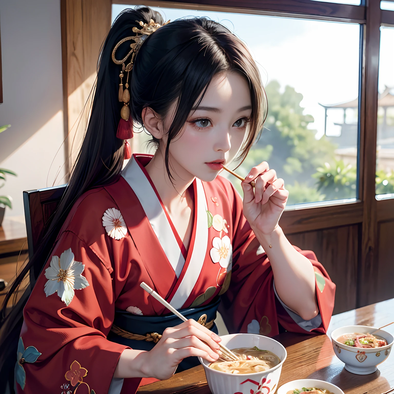 Background of details(Eating at home(Eating cup noodles)He uses two chopsticks with his right hand),BREAK,elaborate costume{Luxury kimono(Colorful kimono(detailed embroidery,))}、1womanl(Japanese actressl:1.2)(face perfect:1.2),Depicting a beautiful and classy adult woman,glossy dark hair(poneyTail),Heart in the eye, Wallpapers 16K,Blur the background with a sickle,((masutepiece)), ((Best Quality)),{{a portrait photo of}},full body Esbian