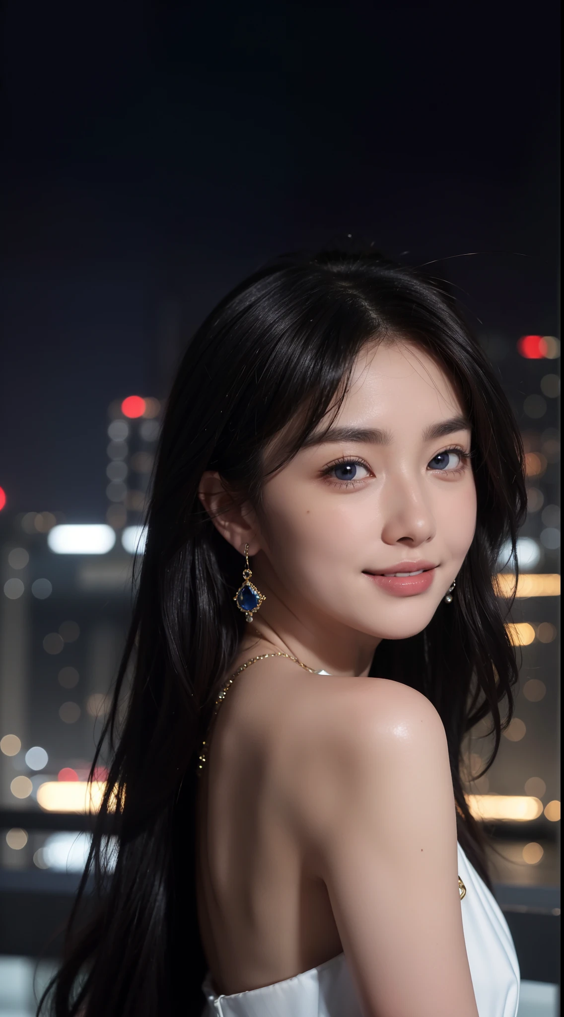 8k, masterpiece, RAW photo, best quality, photorealistic, extremely detailed CG unity 8k wallpaper, Depth of field, Cinematic Light, Lens Flare, Ray tracing, (extremely beautiful face, beautiful lips, beautiful eyes), intricate detail face, ((ultra detailed skin)) 1girl, in the dark, deep shadow, pretty asian girl, ((looking at viewer)),(big smile), (blurry background), midnight, (pretty girl), earrings, bracelets, necklace, clear eyes, (pale skin), face forward, (big eyes), (looking at viewer), large breasts ,((smile)), rooftop, dim lights, ((night)), cityscape, blue eyes, golden dress, mini dress, open breast, veranda, very slim
