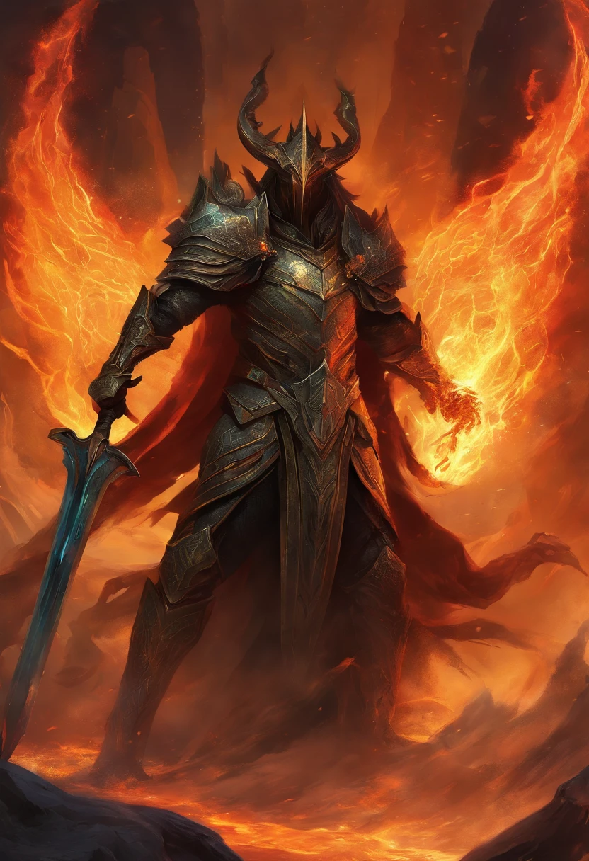 A colossal sword crafted from obsidian, adorned with a black and gold color scheme, emerges from the depths. Within its blade, fierce flames burn relentlessly, casting an ominous glow. The body of the sword bears intricate cracks, as if on the verge of rupturing, while flames dance around its form. The surrounding magma churns and boils, creating an environment of intense heat and power. There are no humanoid figures present, only the weapon itself amidst its fiery surroundings. Emphasizing the intensity of the flames and the presence of molten lava, this scene showcases the raw elemental forces at play. It highlights the absence of any living beings, underscoring the solitary nature of the weapon. The prominent cracks further emphasize the immense power contained within.