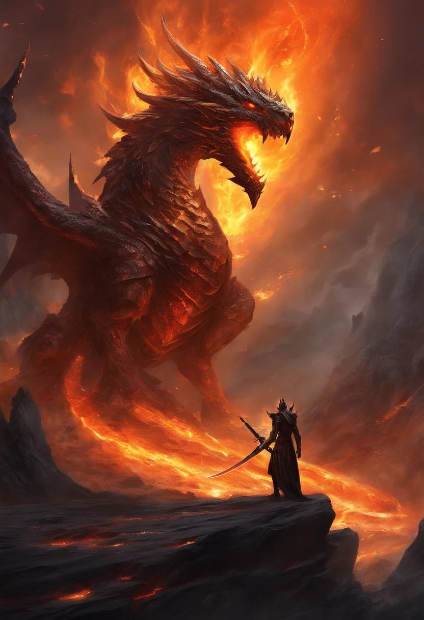 A colossal sword crafted from obsidian, adorned with a black and gold color scheme, emerges from the depths. Within its blade, fierce flames burn relentlessly, casting an ominous glow. The body of the sword bears intricate cracks, as if on the verge of rupturing, while flames dance around its form. The surrounding magma churns and boils, creating an environment of intense heat and power. There are no humanoid figures present, only the weapon itself amidst its fiery surroundings. Emphasizing the intensity of the flames and the presence of molten lava, this scene showcases the raw elemental forces at play. It highlights the absence of any living beings, underscoring the solitary nature of the weapon. The prominent cracks further emphasize the immense power contained within.