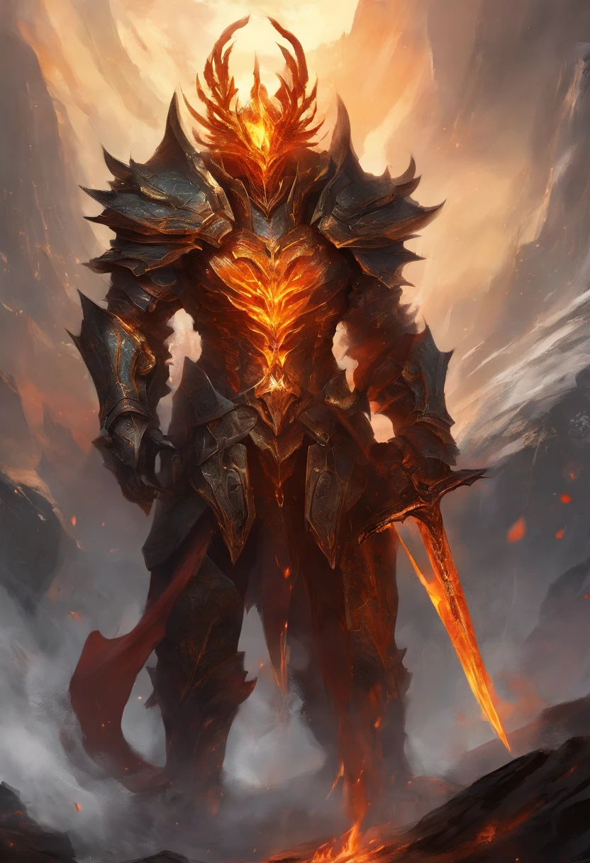 A colossal sword crafted from obsidian, adorned with a black and gold color scheme, emerges from the depths. Within its blade, fierce flames burn relentlessly, casting an ominous glow. The body of the sword bears intricate cracks, as if on the verge of rupturing, while flames dance around its form. The surrounding magma churns and boils, creating an environment of intense heat and power. There are no humanoid figures present, only the weapon itself amidst its fiery surroundings. Emphasizing the intensity of the flames and the presence of molten lava, this scene showcases the raw elemental forces at play. It highlights the absence of any living beings, underscoring the solitary nature of the weapon. The prominent cracks further emphasize the immense power contained within.