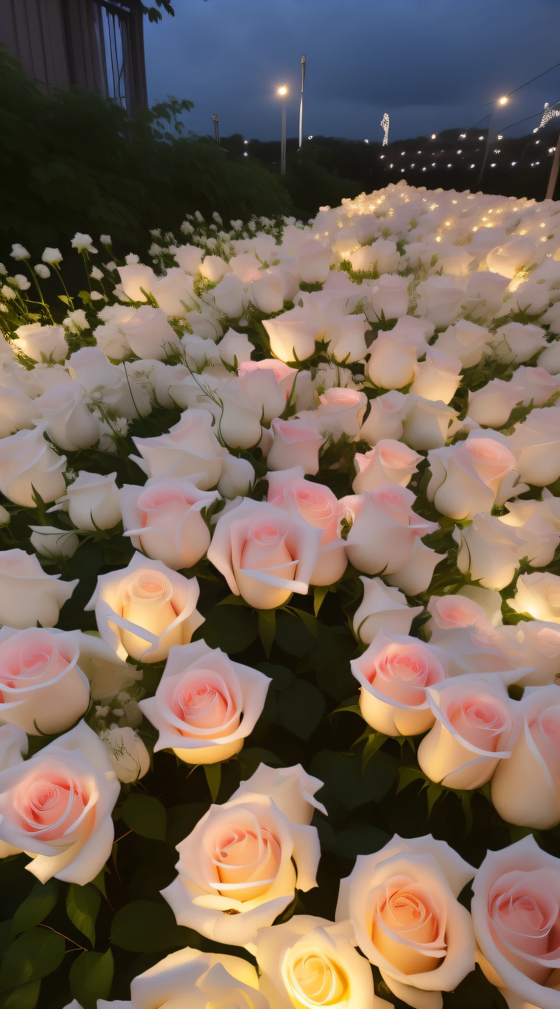 There are many white roses illuminated in the dark, Glowing flowers, Luminous flowers, rose pink lighting, melanchonic rose soft light, soft white glow, field of flowers at night, an aesthetic field of flowers, Beautiful large flowers, Soft glow, roses in cinematic light, lights with bloom, beautifully soft lit, soft light 4 k in pink, beautiful light up