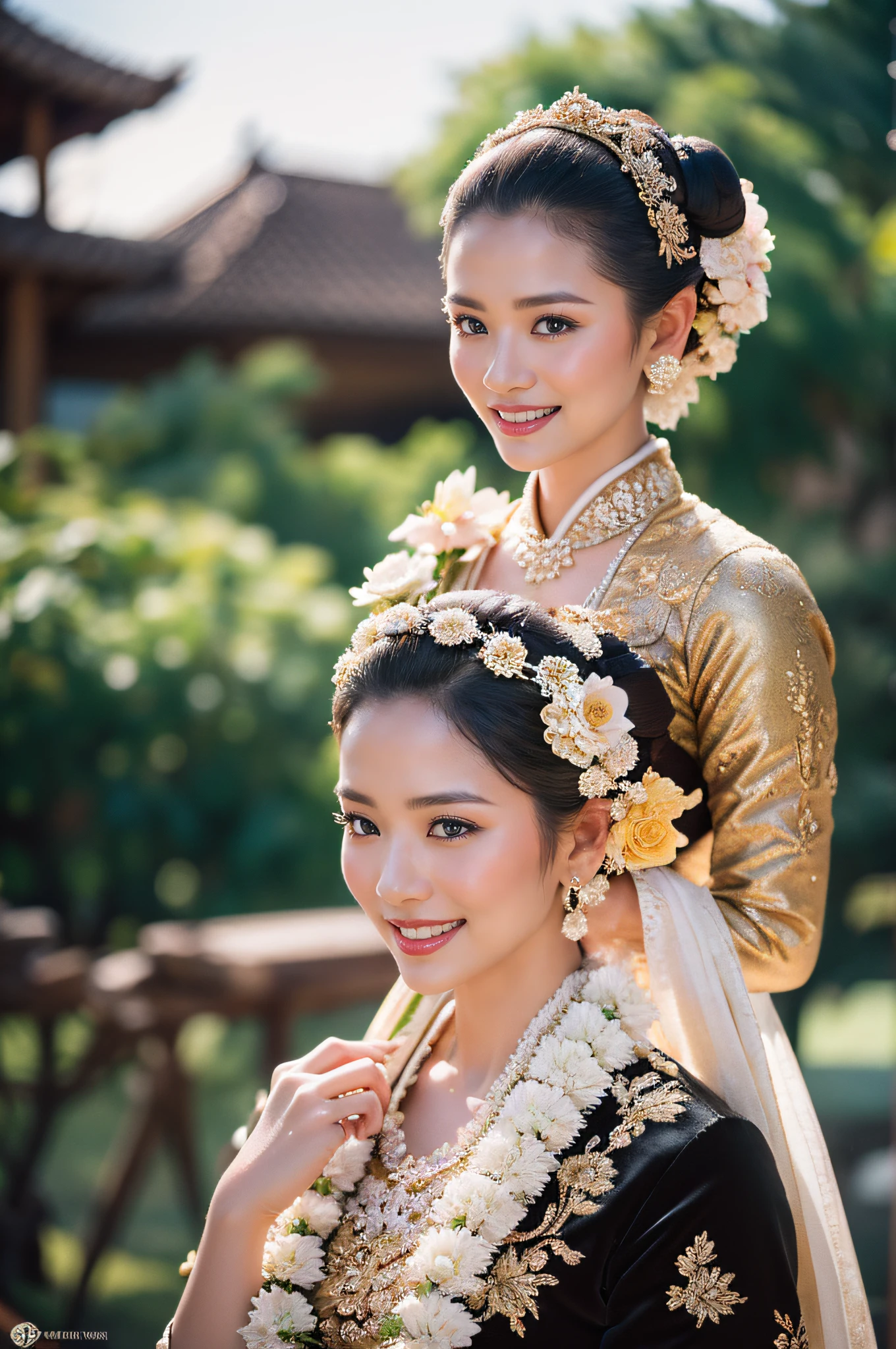 1female, a woman is having a traditional Javanese wedding with gold and black ornaments, wearing a typical Javanese bun, with a charming and charming gaze, smiling, southeast Asian female, with the Prambanan temple in the background, ancient Javanese era, cinematic photography, detailed, hyperrealism, high detail, 8k cinematic, high resolution, symmetrically, cinematic, color grading, photography, shot on 50mm lens, ultra-wide angle, depth of field, hyperdetailed, beautifully color-coded, insane detail, intricate detail, beautiful color grading, incredibly detailed and intricate, hyper maximal, elegant, hyperrealistic, super detailed, posing dynamic, photography, ultra-realistic, Full - HD, high detailed definition, Hyper detailed, 8k