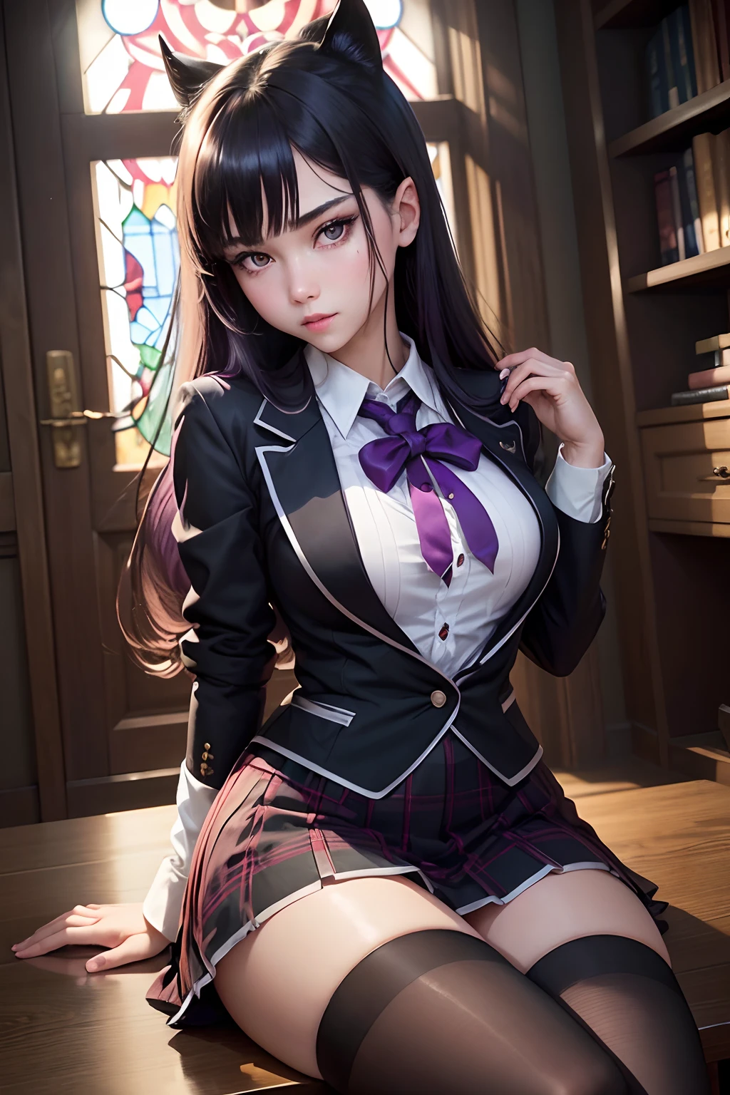 A sexy、A slight smil、knee high socks、panthyhose、Beautie、Beautiful shape、wretched、boredom、Unusual beauty、Fornication、Good skin luster、Long hair straight hair、pinkhair、lovely、Kiss Face、seductiv、Strong sexual pleasure、open your legs a little、JK style、high-school uniform、Black Blazer、Red checked skirt、18year old、saddened、Unhappy、Transcendent beauty、slightly thicker thighs、small mouth、masturbation、Open your mouth wide to the maximum、Nasty look、Put your hand on your crotch、Goth Slow Remake、Neat face、Writhing expression、Maid Taste、A little eye-catching、The nose is clean、garterbelts、Smile a little、Library Background、book library、Boken、find books、read a book、Masturbation with books、stained glass window、Sweat glistens on the face、Sweat on the thighs glows、My whole body is shiny with sweat.、Dark purple eyeshadow、Black eyeliner、