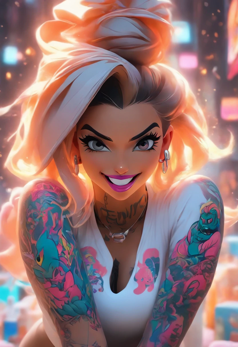 Yoga Girls, Full Slime Body, Neon colors, Crazy laughter, Move ki, Alafed woman with tattoos and piercings posing in white shirt, Bombshell, gorgeous woman, Cardi B, in a white shirt, Fully tattooed body, gorgeous woman, Official Product Pictures, Better known as Amouranth, gorgeous beautiful woman, tattooed body, full product shot, amouranth, dressed in a white t-shirt, beautiful model