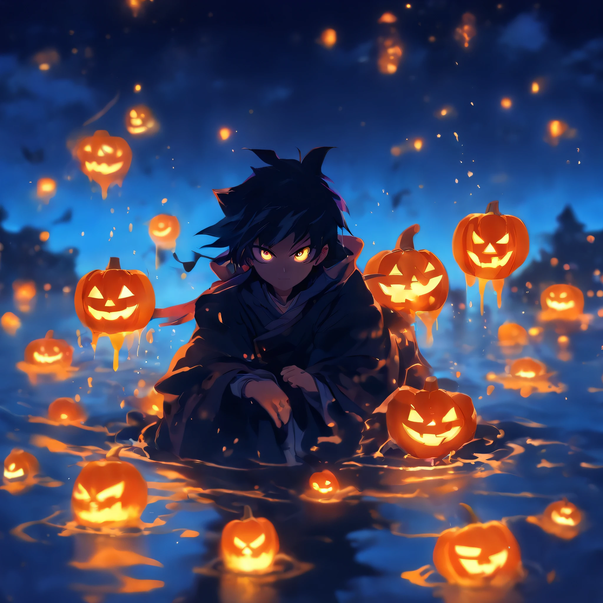 Halloween floating lights, cinematic light and reflections, Glowing lights, Intermediate metaverse elements,Digital painting, glowing reflections, Pondering, Halloween Jack Lantern, calm evening, Digital illustration, Beautiful atmosphere, Skylight at night, Peaceful evening atmosphere, Jack-o'-lantern, Halloween, the night, themoon, game scenes, Halloween, Surrounded by clouds, ( (Splash ink ) ), ((Splash ink) Inky})), tmasterpiece, high qulity, Beautiful graphics, high detal,Magnificent
