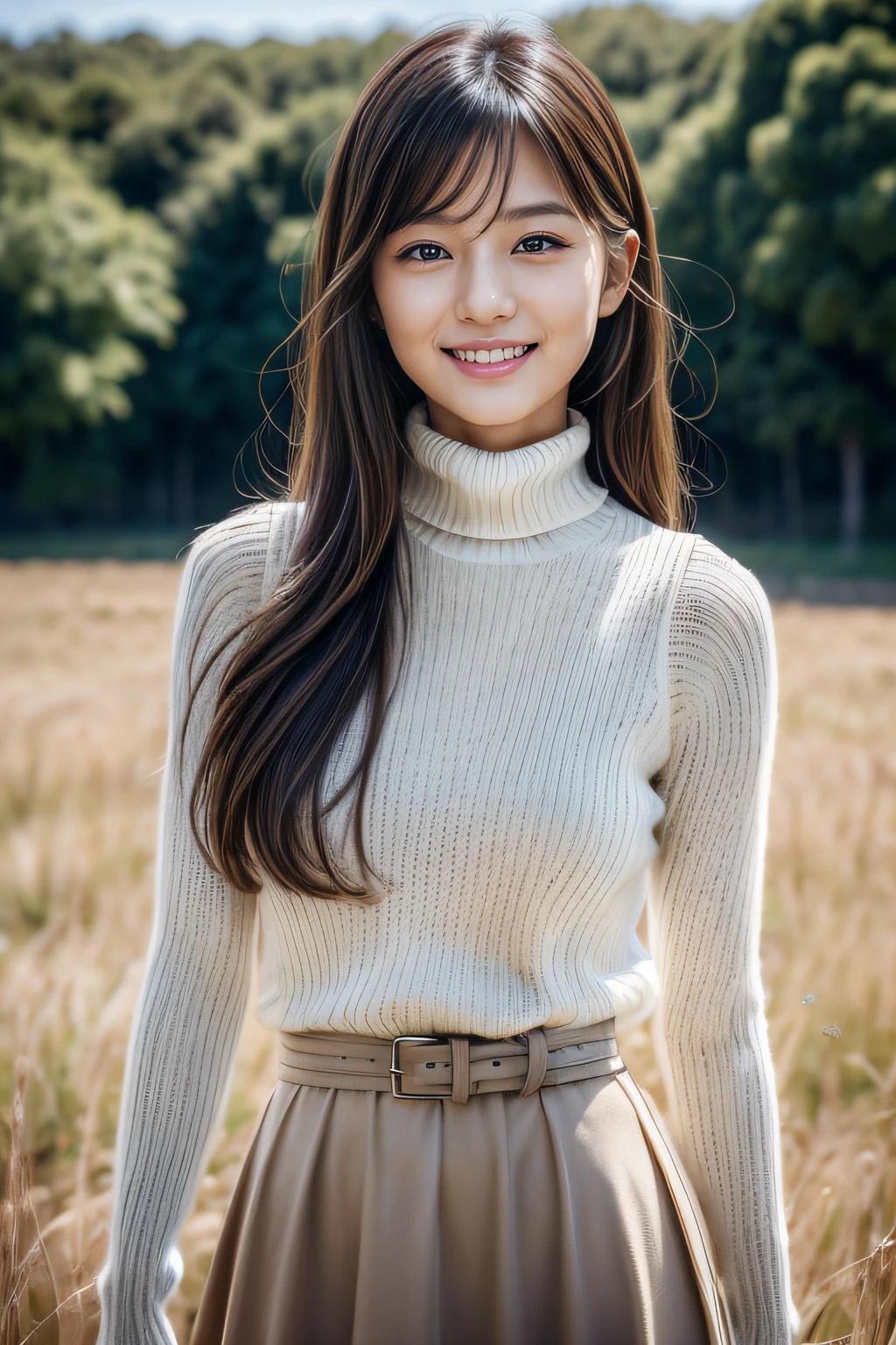 (Masterpiece:1.3), (8K), (Best Quality:1.4), (UHD:1.2), (Photorealistic:1.3),( Raw Photography), (1girl), (Ultra High Detailed), (Detailed face), very perfect beautiful and cute face, (Detailed hair), Beautiful hair, bangs, (symmetrical eyes:1.3), (Detailed eyes), (Detailed skin), Realistic skin, shiny skin, Ultra high definition, (medium breasts:0.7), (slim figure), (super model figure), gentle smile:1.2, (A very beautiful and cute young Japanese girl with a gentle expression), 

(                       wearing a turtleneck sweater and long maxi-skirt, down vest,              ), 
cute young Japanese girl, pretty young Japanese girl, full body, Walking through a field of cosmos in full bloom