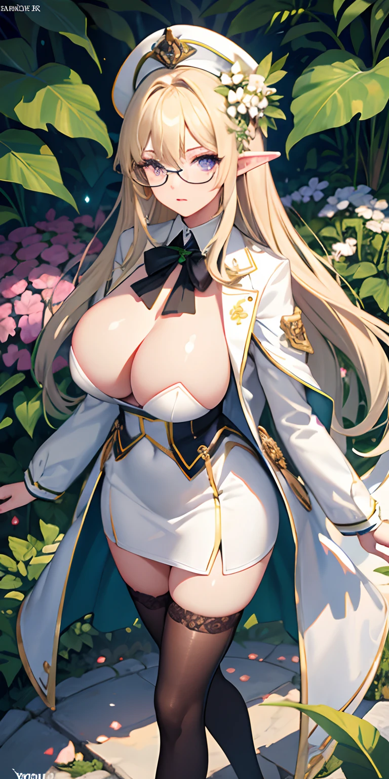 big tits, Detailed eyes, detailed face, perfect anatomy, perfect proportion, 1women, solo, closed clothes, elf, blonde green hair, (( violet eyes)), cool face, round glasses, white coat, black short skirt, white business suit, nectie, admiral hat, half body, flower, at garden, mountain,