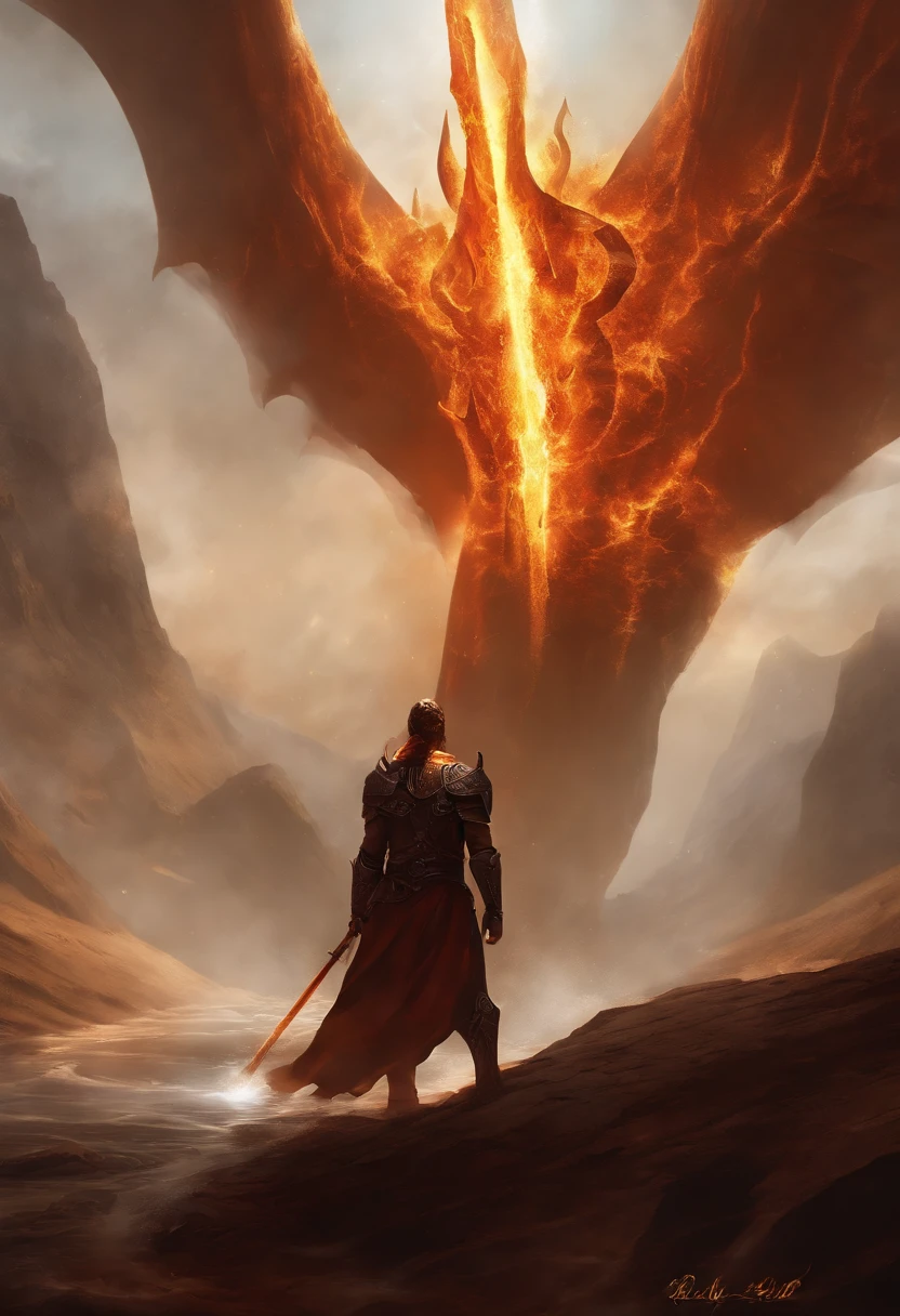 A colossal sword crafted from obsidian, adorned with a black and gold color scheme, emerges from the depths. Within its blade, fierce flames burn relentlessly, casting an ominous glow. The body of the sword bears intricate cracks, as if on the verge of rupturing, while flames dance around its form. The surrounding magma churns and boils, creating an environment of intense heat and power. There are no humanoid figures present, only the weapon itself amidst its fiery surroundings. Emphasizing the intensity of the flames and the presence of molten lava, this scene showcases the raw elemental forces at play. It highlights the absence of any living beings, underscoring the solitary nature of the weapon. The prominent cracks further emphasize the immense power contained within.