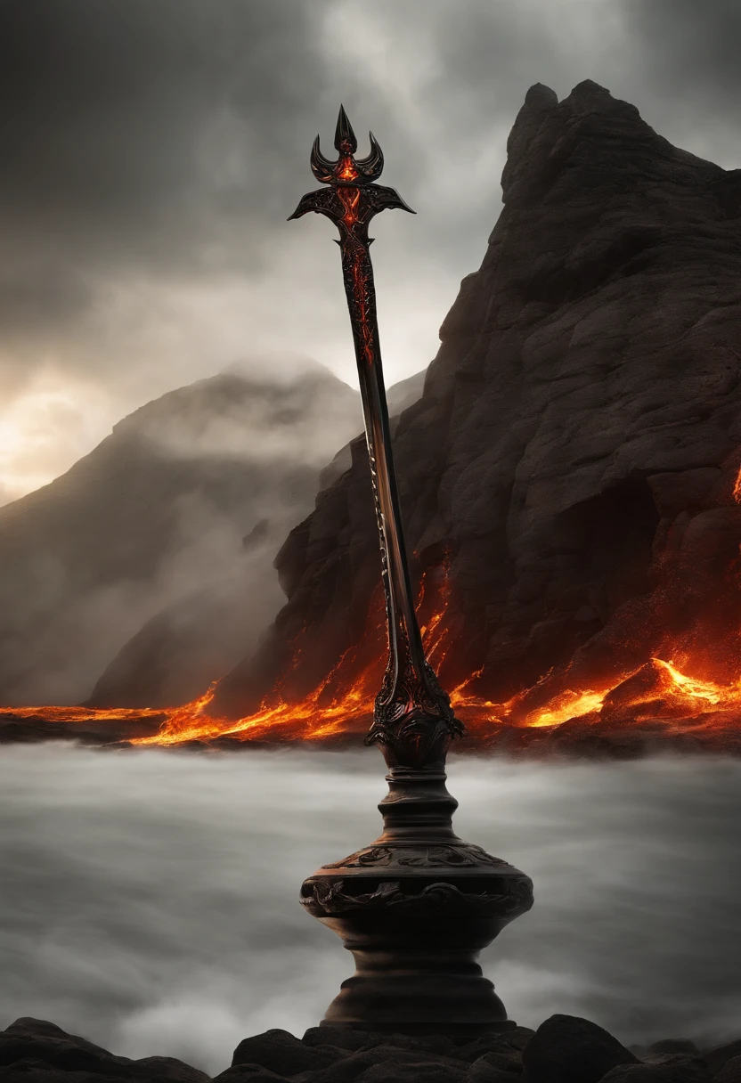 A colossal sword crafted from obsidian, adorned with a black and gold color scheme, emerges from the depths. Within its blade, fierce flames burn relentlessly, casting an ominous glow. The body of the sword bears intricate cracks, as if on the verge of rupturing, while flames dance around its form. The surrounding magma churns and boils, creating an environment of intense heat and power. There are no humanoid figures present, only the weapon itself amidst its fiery surroundings. Emphasizing the intensity of the flames and the presence of molten lava, this scene showcases the raw elemental forces at play. It highlights the absence of any living beings, underscoring the solitary nature of the weapon. The prominent cracks further emphasize the immense power contained within.