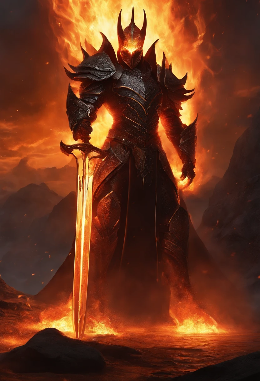 A colossal sword crafted from obsidian, adorned with a black and gold color scheme, emerges from the depths. Within its blade, fierce flames burn relentlessly, casting an ominous glow. The body of the sword bears intricate cracks, as if on the verge of rupturing, while flames dance around its form. The surrounding magma churns and boils, creating an environment of intense heat and power. There are no humanoid figures present, only the weapon itself amidst its fiery surroundings. Emphasizing the intensity of the flames and the presence of molten lava, this scene showcases the raw elemental forces at play. It highlights the absence of any living beings, underscoring the solitary nature of the weapon. The prominent cracks further emphasize the immense power contained within.