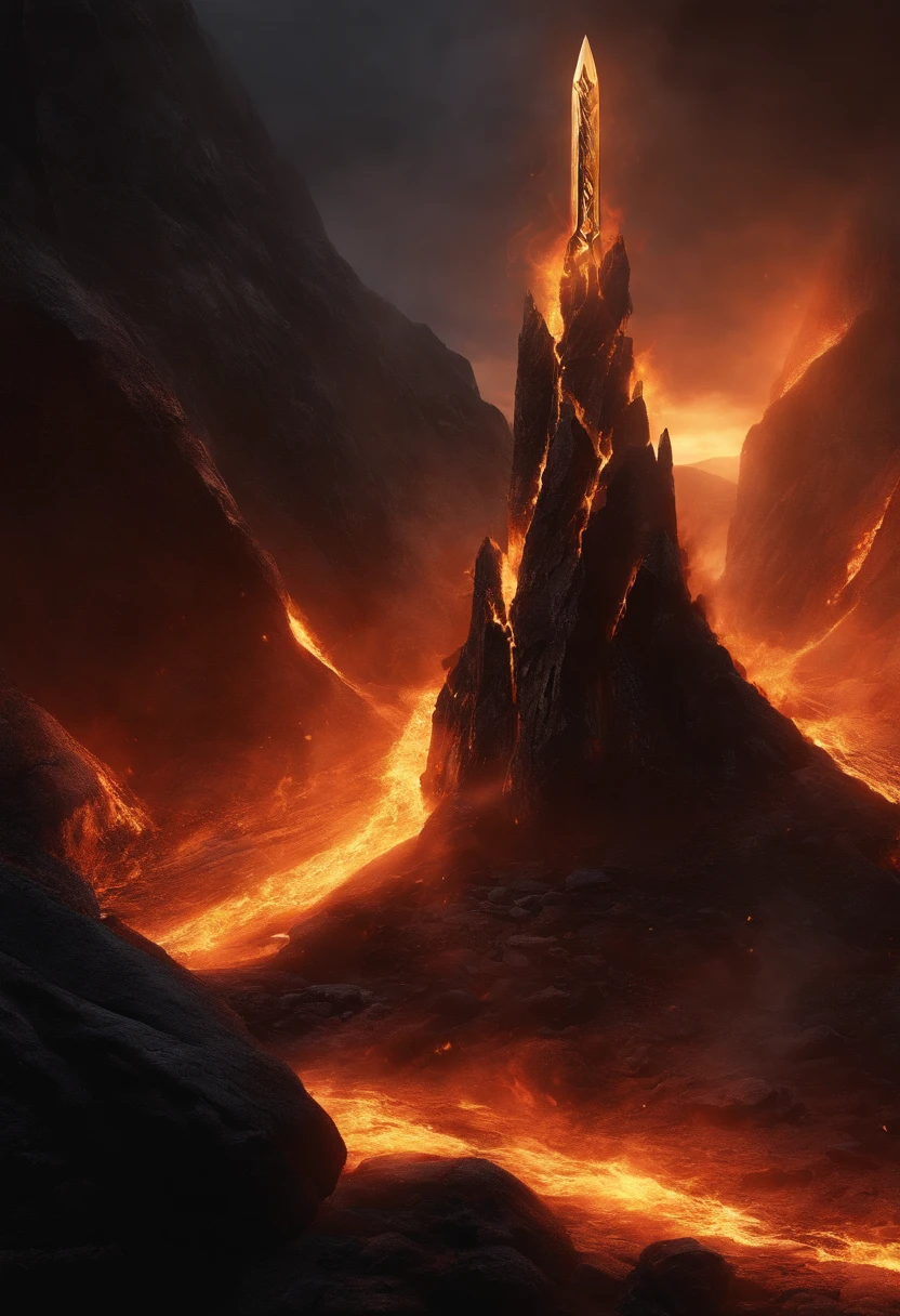 A colossal sword crafted from obsidian, adorned with a black and gold color scheme, emerges from the depths. Within its blade, fierce flames burn relentlessly, casting an ominous glow. The body of the sword bears intricate cracks, as if on the verge of rupturing, while flames dance around its form. The surrounding magma churns and boils, creating an environment of intense heat and power. There are no humanoid figures present, only the weapon itself amidst its fiery surroundings. Emphasizing the intensity of the flames and the presence of molten lava, this scene showcases the raw elemental forces at play. It highlights the absence of any living beings, underscoring the solitary nature of the weapon. The prominent cracks further emphasize the immense power contained within.