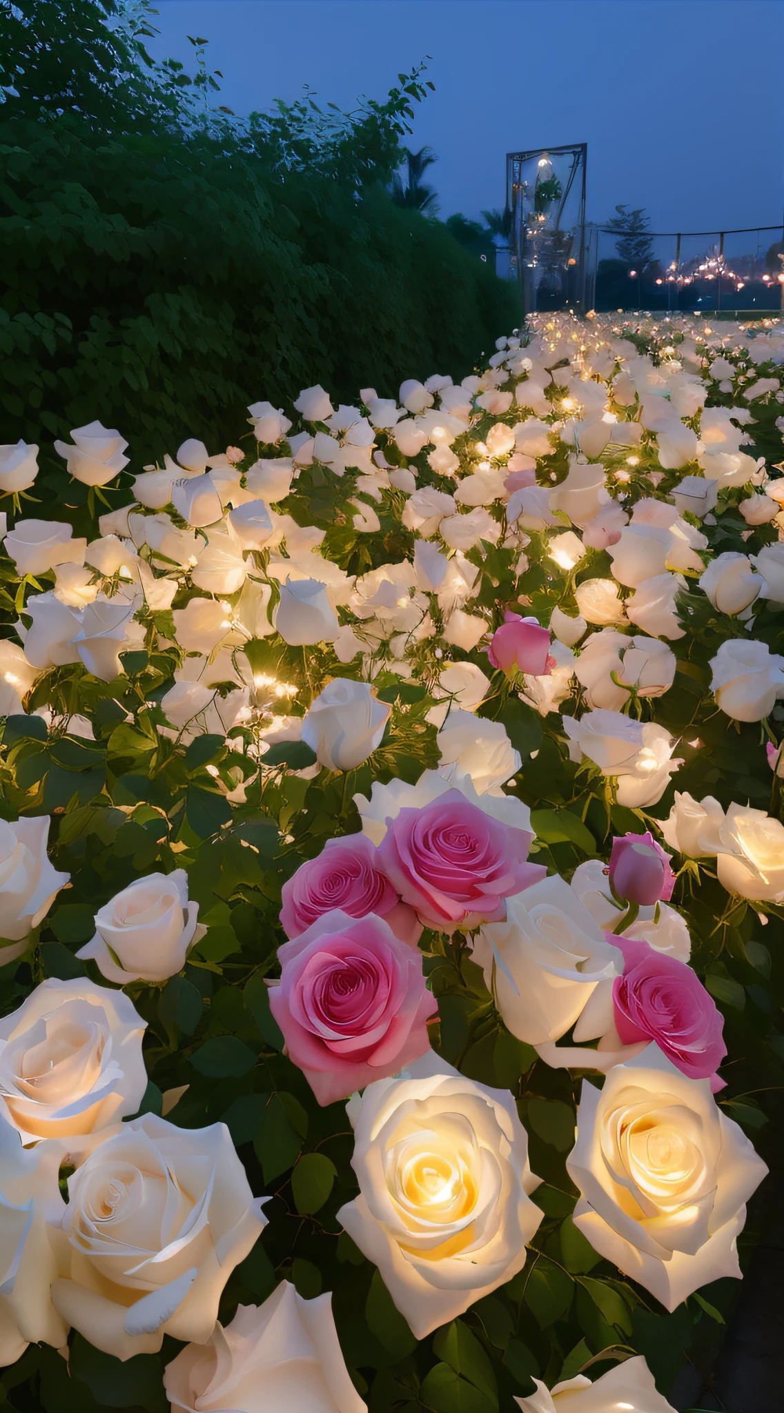 There are many white and pink roses,Candles are lit inside, field of flowers at night, Glowing flowers, Luminous flowers, roses in cinematic light, soft white glow, lights with bloom, rose pink lighting, beautiful light up, Rose garden, Soft glow, Beautiful flowers, rosette, Beautiful image, beautifully soft lit, soft bloom lighting, an aesthetic field of flowers