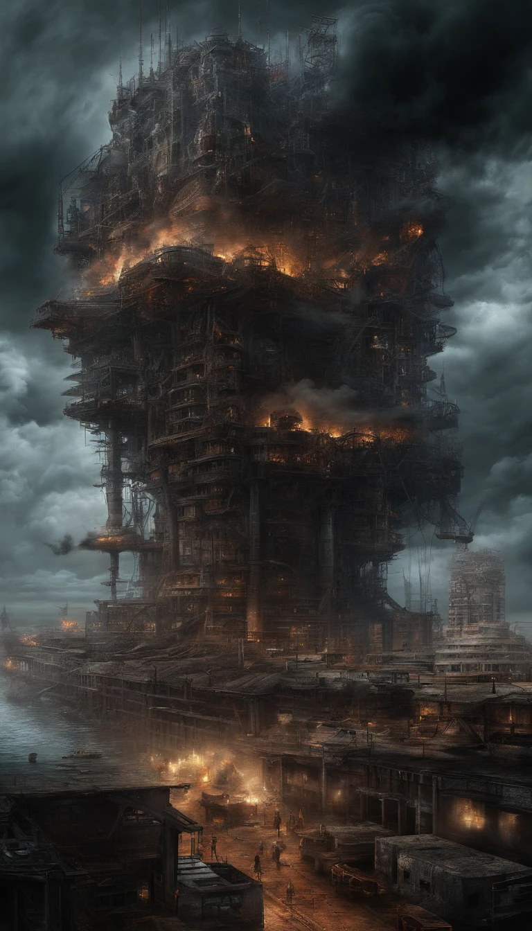 (sci fi art:1.5), Sci-fi post-apocalyptic world, (flying city:1.7), An offshore oil and gas platform is located at the surface of the sea, (The huge mechanism spews smoke:1.3), Panoramic view, Clouds of smoke, dark cloude, (Masterpiece), (Vivid colors:1.6)