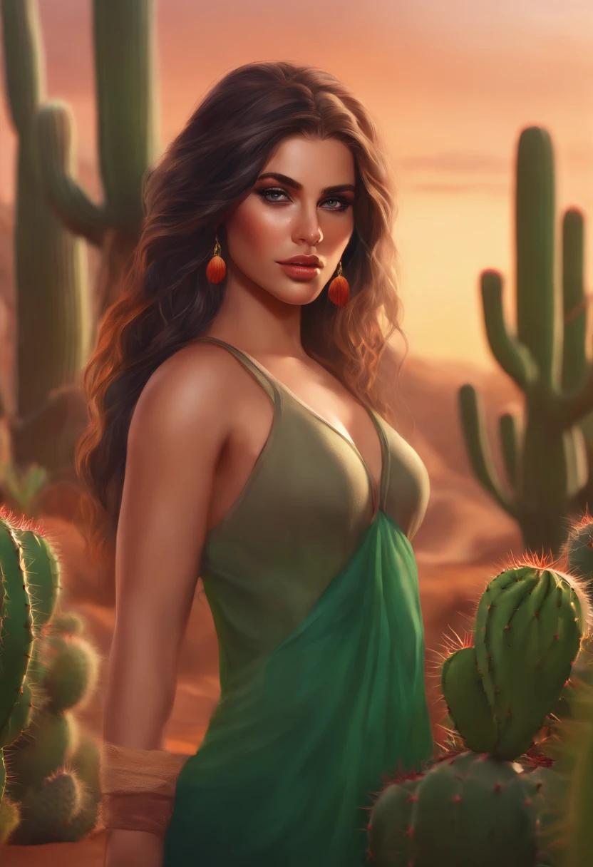 masterpiece, best quality, 1girl, (finely detailed beautiful eyes and detailed face), cinematic lighting, bust shot, long hair, green hair, colored eyelashes, brown eyes, curvy, medium breasts, sexy, thick thighs, sundress, desert, cactus, succulent plant, (Colorful:1.3), naughty face,