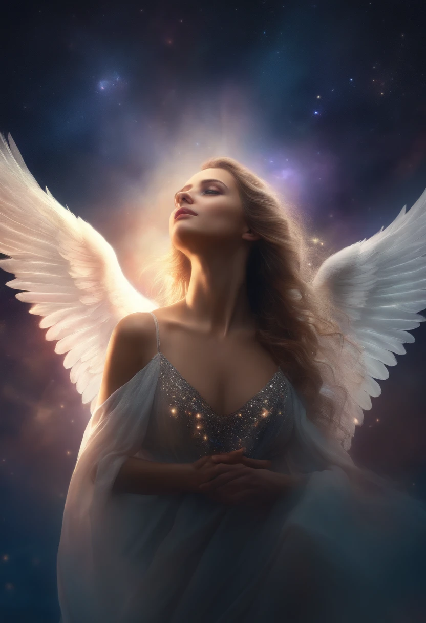 cosmic fallen angel, olhos claros brilhantes, Biomechanicals, estranho, assustador, Pesadelo, cores muito brilhantes, light particles, com luz brilhante, Mshiff, Arte do papel de parede, Papel de parede UHD