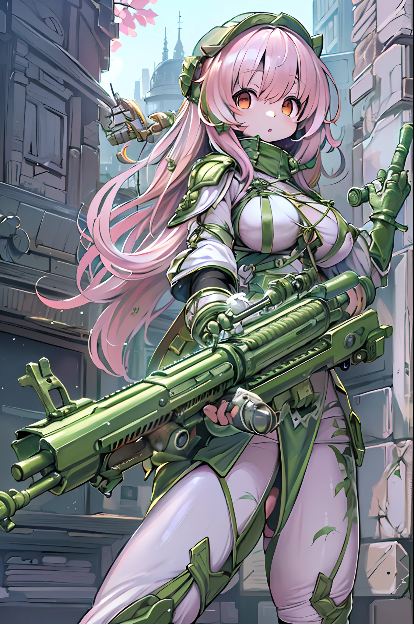 high-detail、((tchibi:1.2)、Fairy Sniper Night、Sniper rifle lance with a thin and long barrel、outside of house、various colors、thick arms、Thick armored cover thighs、Reinforced armored body、Slim Massive)、Incolor White、,in fighting,huge-breasted、
