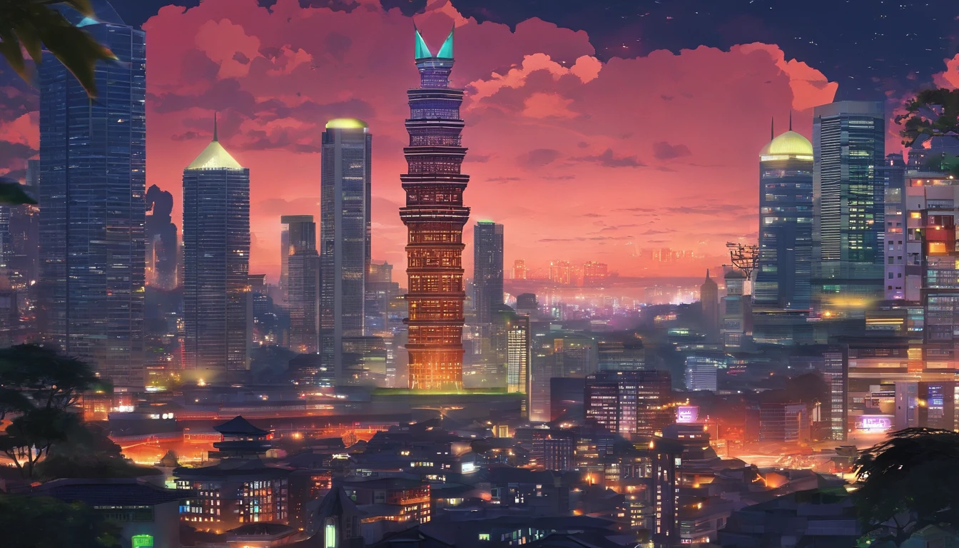 araffe tower in the middle of a city with a lot of buildings, jakarta, south jakarta, indonesia, nigth, at dusk, at night, at twilight, surrounding the city, beautiful image, during night, beautiful city, monument, spectacular, in night, bali, stunning image, city in background, skyline showing, city in backround