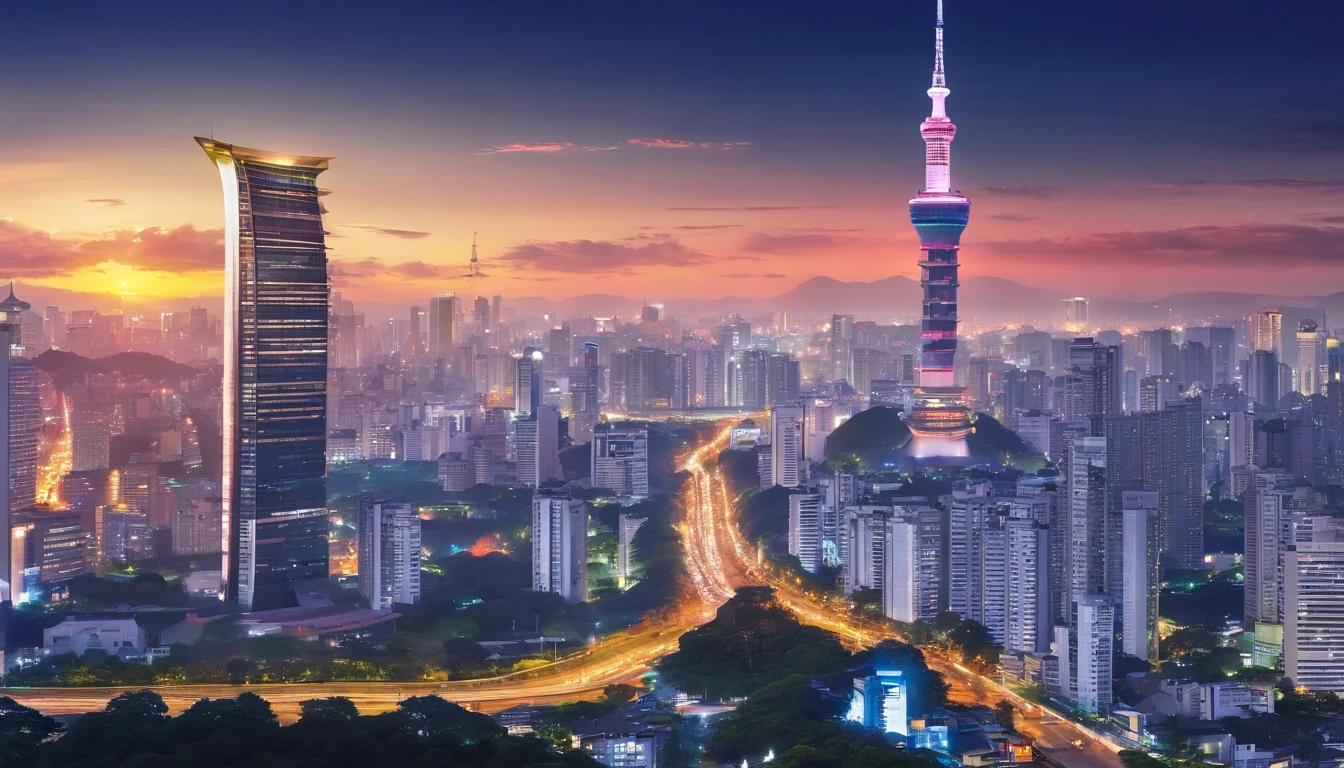 araffe tower in the middle of a city with a lot of buildings, jakarta, south jakarta, indonesia, nigth, at dusk, at night, at twilight, surrounding the city, beautiful image, during night, beautiful city, monument, spectacular, in night, bali, stunning image, city in background, skyline showing, city in backround