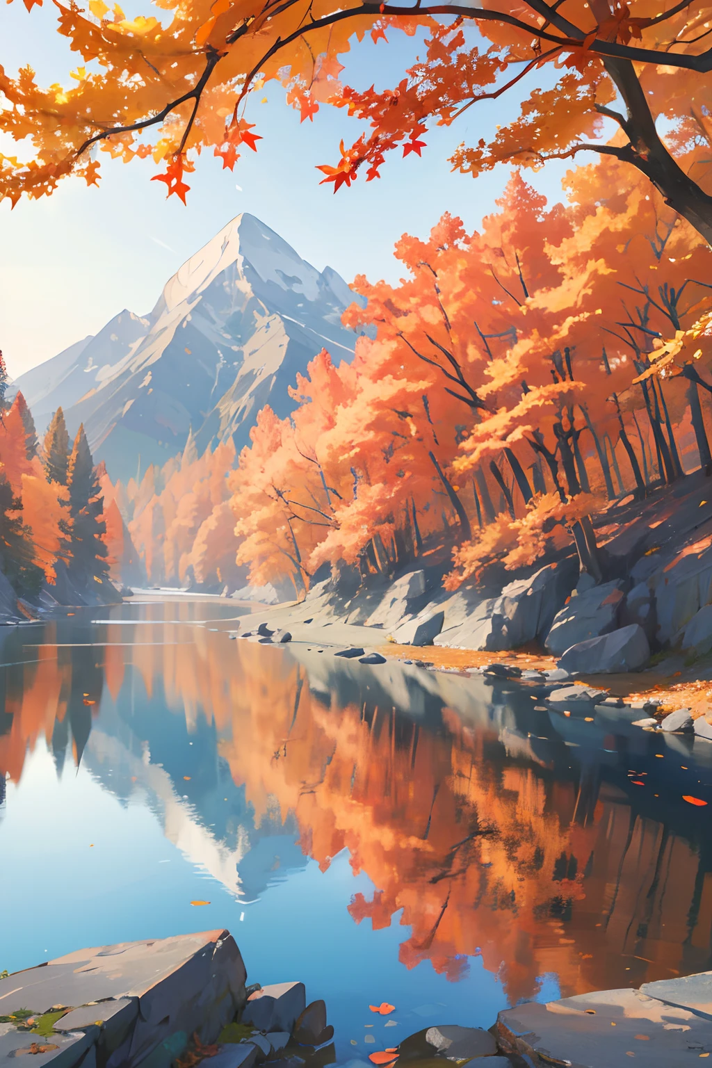 a beautiful maple leaf scenery,fallen maple leaves,red and orange autumn leaves,crimson,maple leaf tree,bright sunlight,clear blue sky,majestic mountains,peaceful river,reflection on the water,serene atmosphere,fresh air,crisp breeze,tranquil surroundings,vibrant colors,rich textures,realistic details,highres,HDR lighting,vivid autumn colors,strong contrast,sharp focus,professional landscape photography