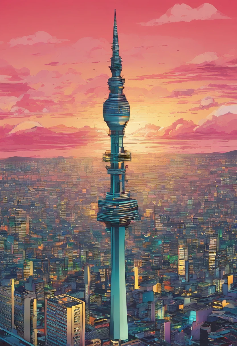 araffe tower in the middle of a city with a lot of buildings, jakarta, south jakarta, indonesia, nigth, at dusk, at night, at twilight, surrounding the city, beautiful image, during night, beautiful city, monument, spectacular, in night, bali, stunning image, city in background, skyline showing, city in backround