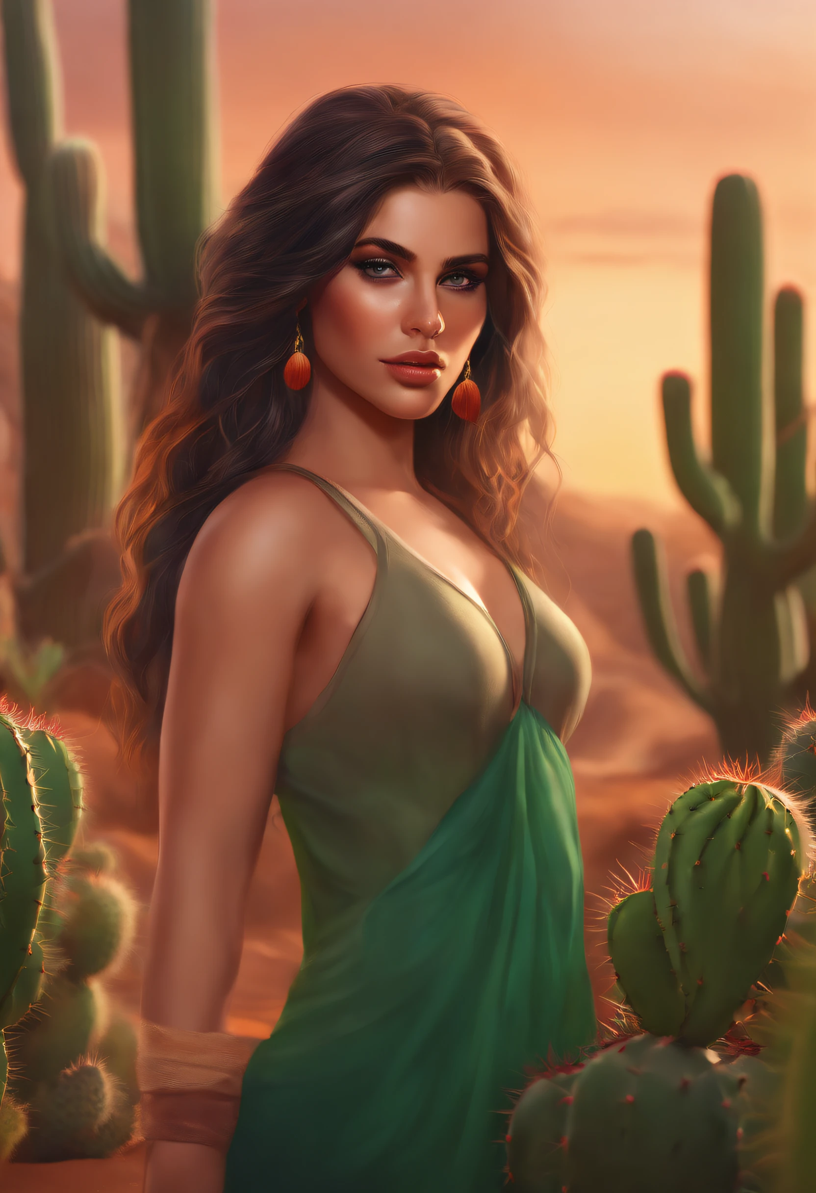 masterpiece, best quality, 1girl, (finely detailed beautiful eyes and detailed face), cinematic lighting, bust shot, long hair, green hair, colored eyelashes, brown eyes, curvy, medium breasts, sexy, thick thighs, sundress, desert, cactus, succulent plant, (Colorful:1.3), naughty face,
