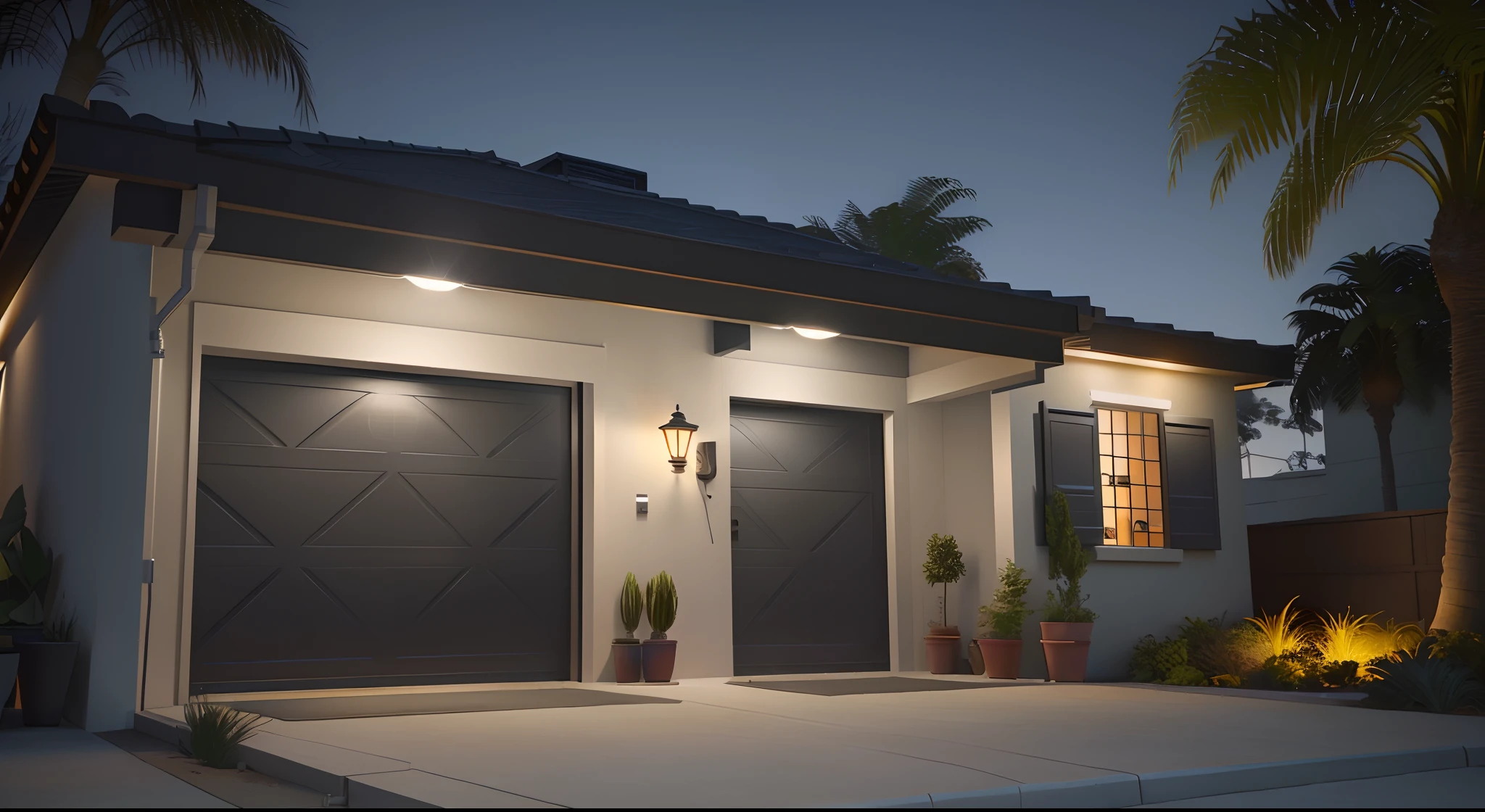 There is a garage door and a plant in the front yard, render 3d bem iluminado, night time render, cinematic outdoor lighting, 3 d render mesmo aceso, cinematic night lighting, with photorealistic lighting, dramatic lighting render, em frente a uma garagem, lighting dramatic, ambient lighting at night, dynamic and atmospheric lighting, night ligthning, cinematic accent lighting