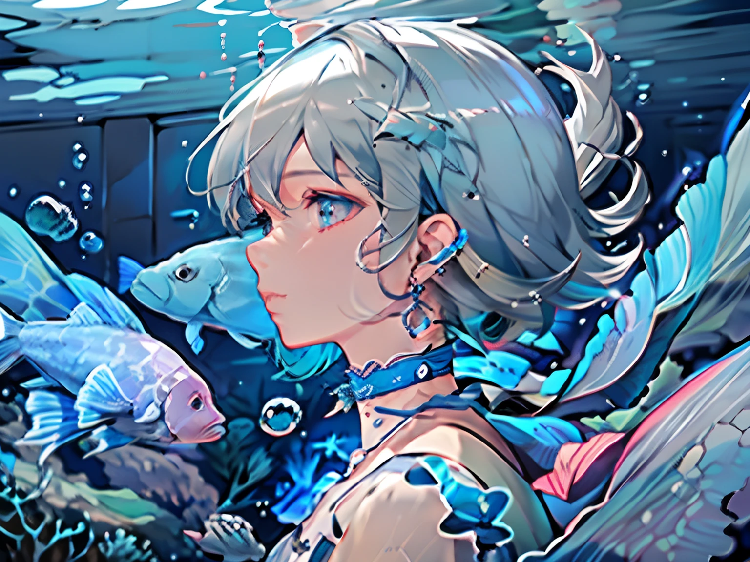 1girl, blue eyes, blue theme, fish, solo, jewelry, earrings, profile, bubble, choker, underwater, blue hair, short hair, blue choker, white hair, from side, air bubble, letterboxed, jellyfish, upper body, floating hair