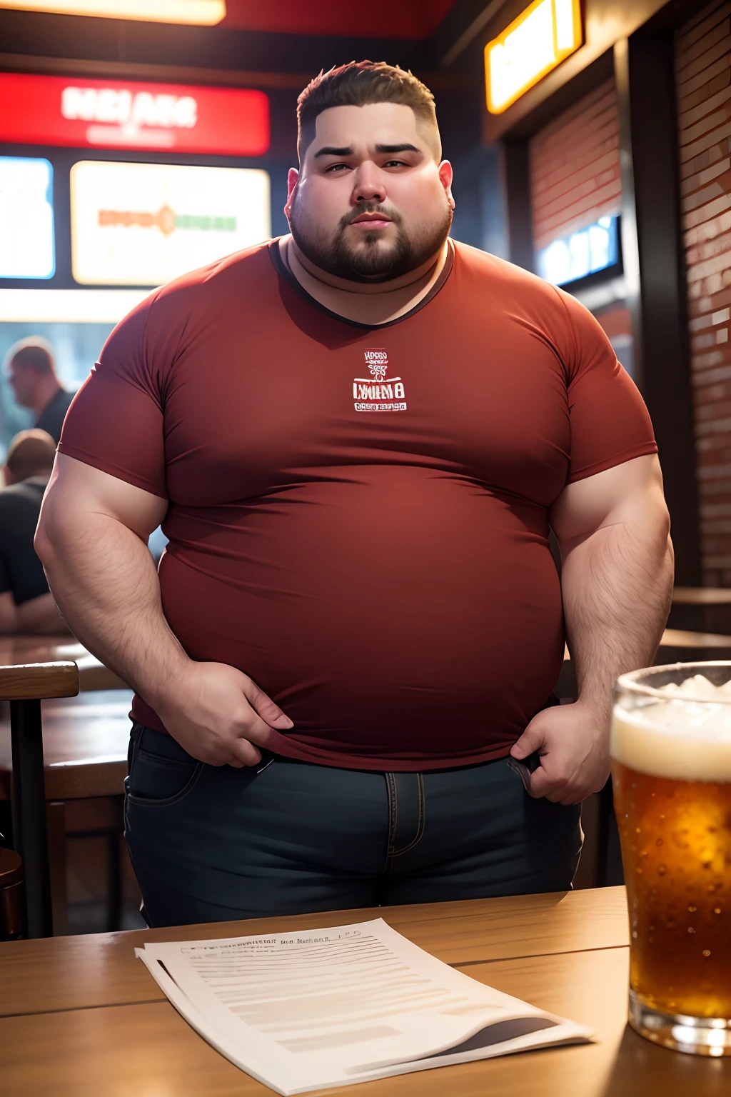 60-year-old truck drivers kissing, boca na boca, olhos fechados apaixonados, corpos gordos, full-bodied truck driver on the left, wearing a messy mustache and wavy hair, White stubble and truck driver, jeans, No meio, vestindo uma camisa xadrez vermelha aberta, corpo grande, forte, barriga robusta vestindo shorts verdes, cabelo cortado nas laterais e cravado por cima, Truck driver on the right has a fat body and a very hairy chest of very large body; Black pants with hairy stomach open at bottom, a huge red and black road truck ((( em um beijo apaixonado))), (((peitoral muito peludo))), tatuados, (((barriga grande))), (rosto detalhado:1.3), (hyper-realistic:1.3), (((fabrica abandonada e suja))), 8k