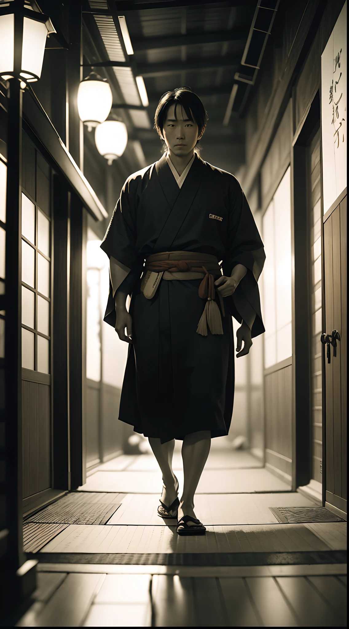 Japanese man, kimono,black hair,thief, Japanese edo period, recovered photograph,walk in nigt city (film grain: 1.2), (disposable film: 1.2), bad lighting, dim