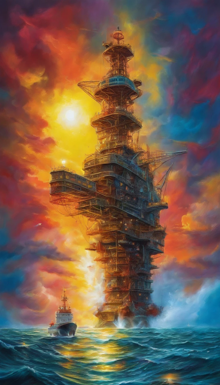 (sci fi art:1.5),  A yellow offshore oil and gas platform sits on the surface, Panoramic view, Clouds of smoke, and the sun was shining brightly, (Masterpiece), (Vivid colors:1.6)