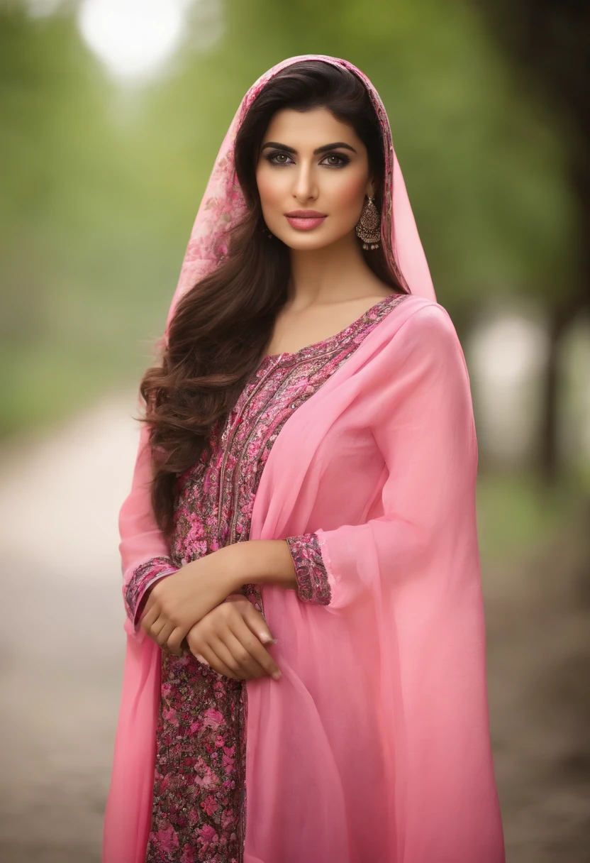Super-realistic full-length Fashion photoshoot of a Pakistani fashion model woman, perfect face, perfect nose, perfect eyes, perfect lips, with dark brown hair, wearing (pink floral) cotton Pakistani summer modest lawn dress (shirt shalwar), wearing the scarf over chest and head, chest and head fully covered with scarf, happy expressions, low key image, sharp texture, 4k, 8k, shot with Canon EOS 5D Mark III, 50mm, f/8
