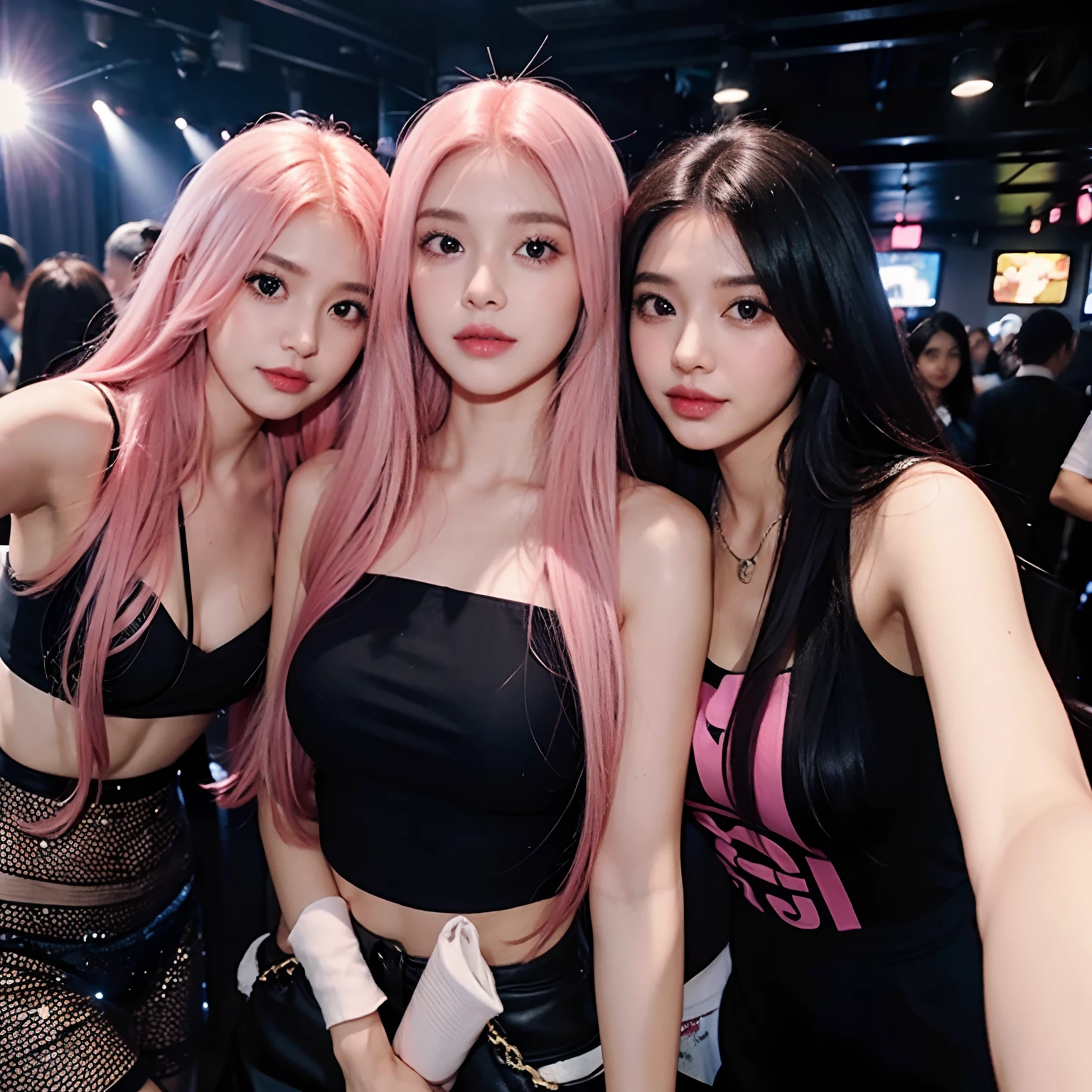 best quality, Clarity, 4k, 8k, detail, actual K-pop stars, ((group photo:1.5)), 3 ultra seductive K-pop superstar brides 22 year old ultra sexual angelic and incredibly gorgeous supermodel bride Girls standing together, (Korean makeup:1.3), Red lips, high quality hands, pink and blue hair, Perfect body, sexy thigh highs, seductive pose standing, FF cupped large breasts, glistening skin, Graffiti crop top, Deep cleavage, cute Checkered striped bridal mini skirt, standing in a beautiful gothic church
