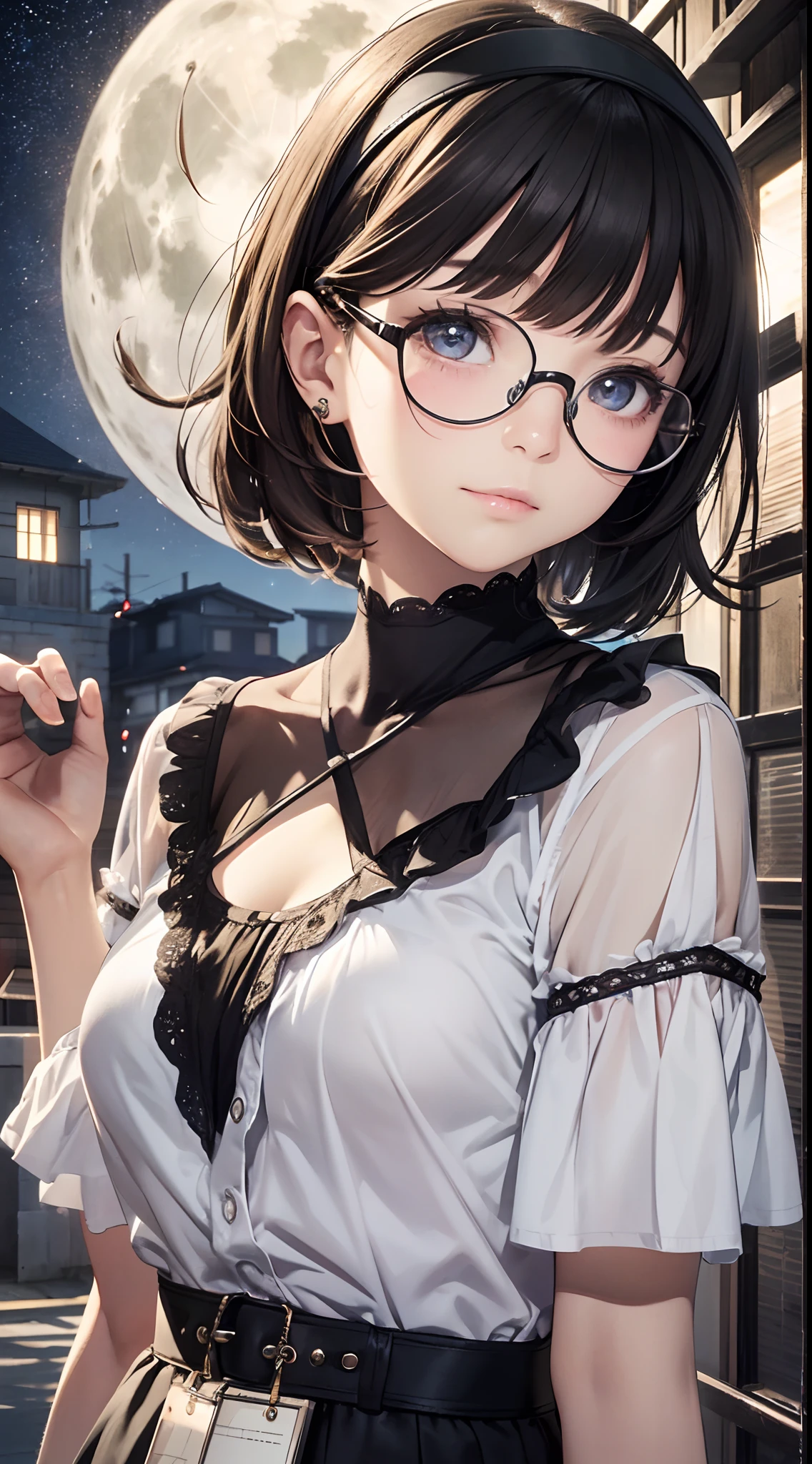 , (masutepiece, Best Quality, Capture super cute moments, depth of fields, ultra-detailliert, Ultra High Resolution, C4D, Octadale, 3D Modeling, 8K, 16 K, one girls,a , small tits,A dark-haired,short-hair,straight haired,Light brown eyes, horseshoe-shaped hairband,wearing black glasses,Cute face),Full Moon Night、Being at the top of a mountain、Girl in the moonlight、White blouses