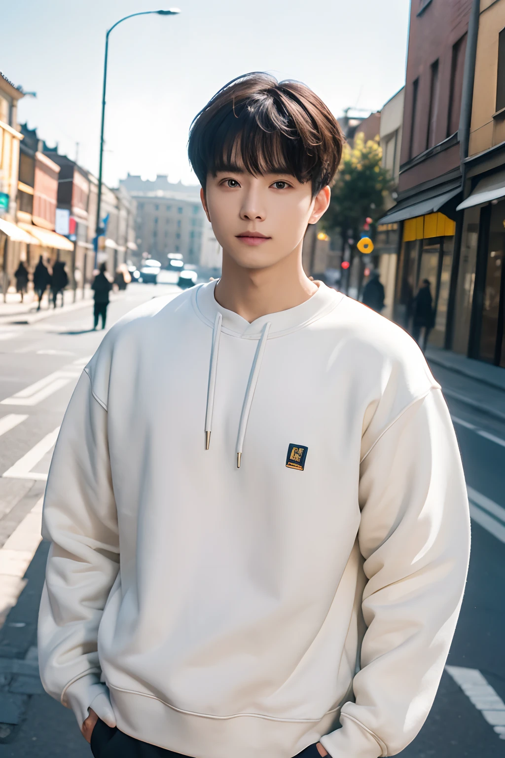 Warm sweatshirt，Attractive man，Live-action photo，Handsome and sunny，（SLR effect，真实感，8K，hyper-detailing，Absolute realism）