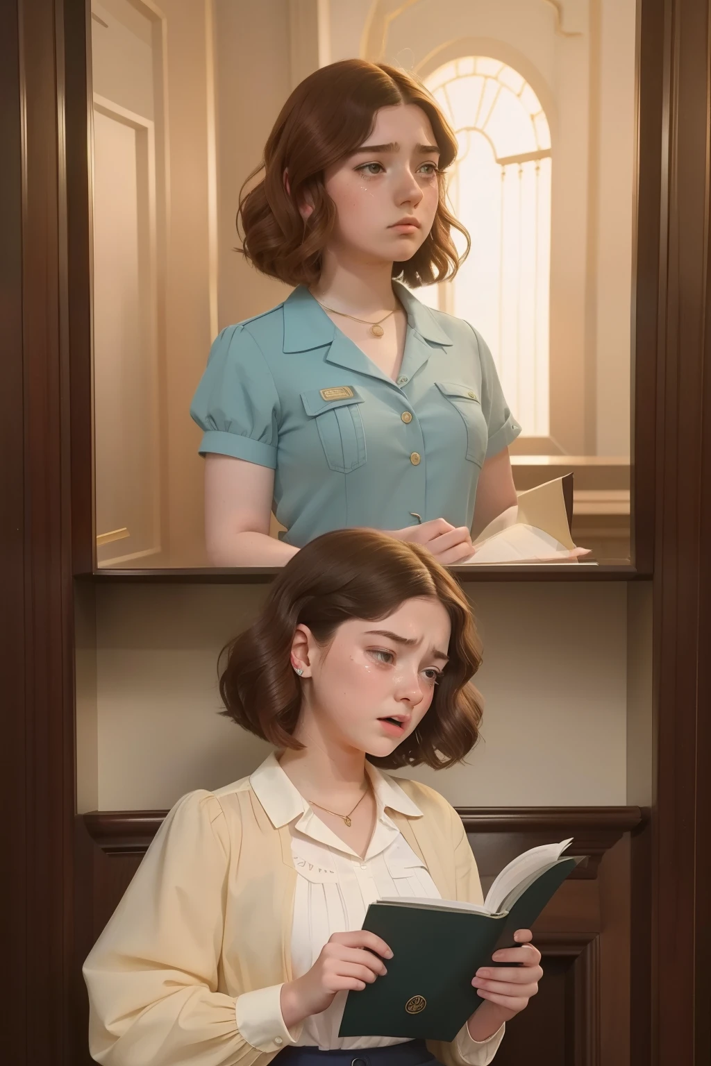 year: 2023. Location: Phoenix. Pre-Raphaelite scene with a 17-year-old Emma Myers with a wavy bob hairstyle, reading some documents, ((crying)) ((betrayed)) ((angry)), in a bank, safe deposit box, ((((casual teenager Clothing from the 2020s)))) ((Hairstyle of the 2020s)), pastel colors, (((cinematic style)))