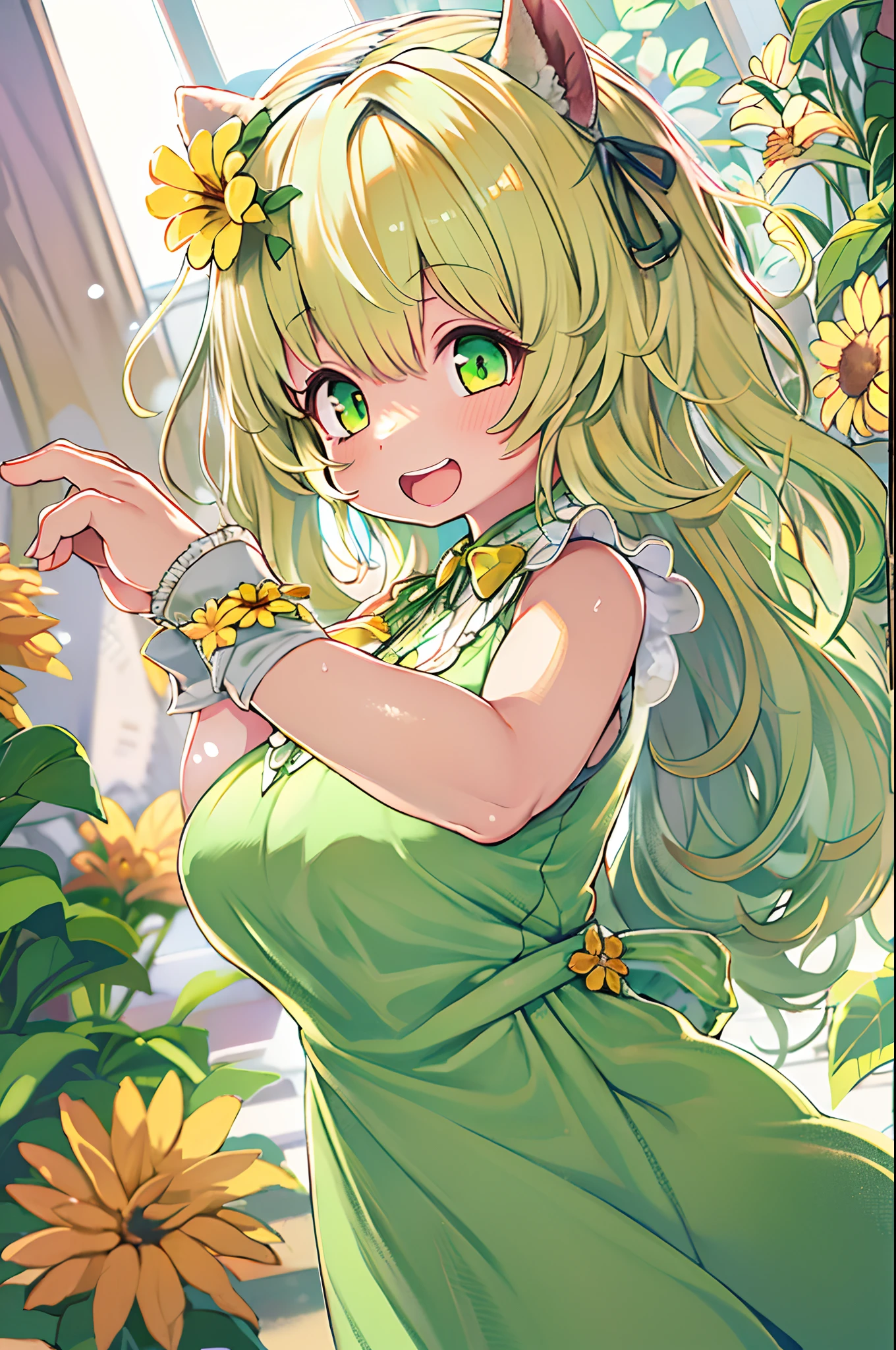 1girl in, :D, animal ear fluff, Animal ears, Bangs, black hairband, Blonde hair, Blurry, Blurry background, depth of fields, Dress, flower, flower pots, frilly dress, frilld, Green dress, Green eyes, shairband, Holding, Long hair, Open mouth, pink flowers, plant, potted plant, sketch, Sleeveless, Sleeveless dress, Smile, Solo, tail, Wrist cuffs, yellow flower, 1980s (Style)