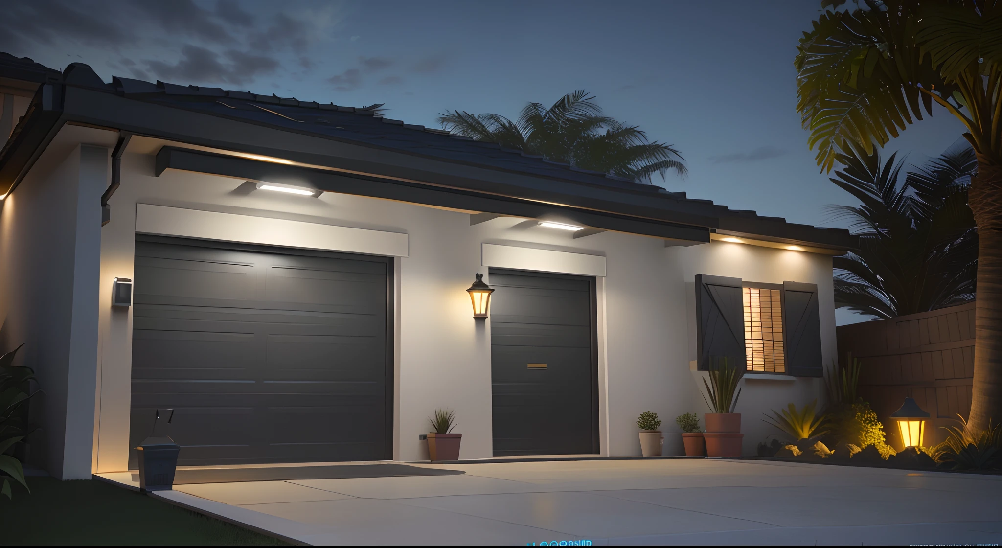 There is a garage door and a plant in the front yard, render 3d bem iluminado, night time render, cinematic outdoor lighting, 3 d render mesmo aceso, cinematic night lighting, with photorealistic lighting, dramatic lighting render, em frente a uma garagem, lighting dramatic, ambient lighting at night, dynamic and atmospheric lighting, night ligthning, cinematic accent lighting