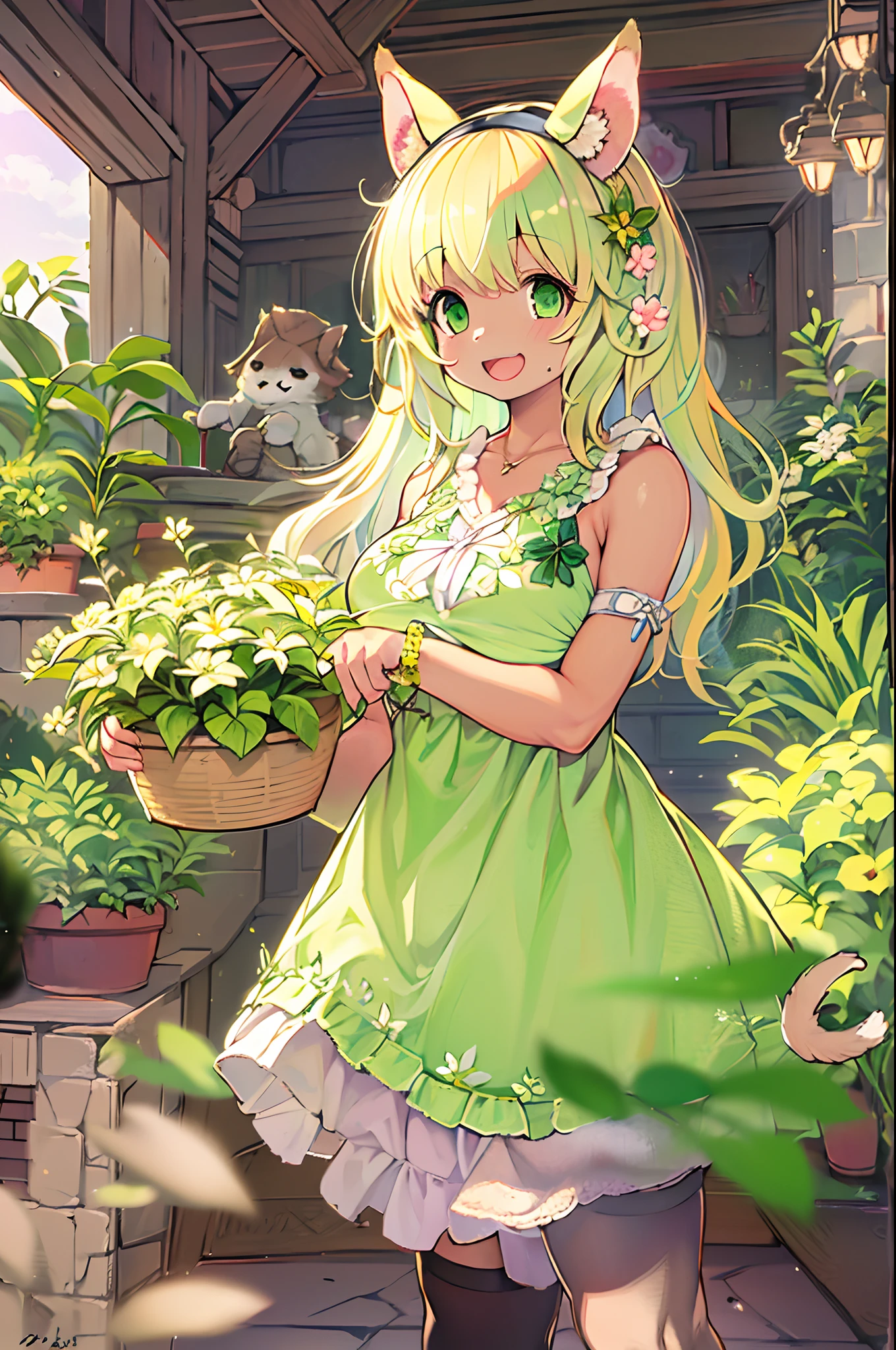 1girl in, :D, animal ear fluff, Animal ears, Bangs, black hairband, Blonde hair, Blurry, Blurry background, depth of fields, Dress, flower, flower pots, frilly dress, frilld, Green dress, Green eyes, shairband, Holding, Long hair, Open mouth, pink flowers, plant, potted plant, sketch, Sleeveless, Sleeveless dress, Smile, Solo, tail, Wrist cuffs, yellow flower, 1980s (Style)