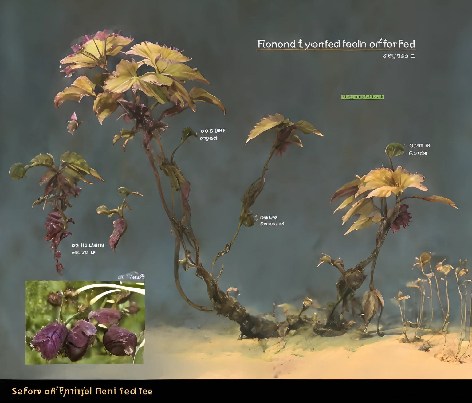 Many different types of plants grow on the ground, environment concept art, Stylized concept art, environment concept, by senior environment artist, environment concept art, Game design concept art, stylized vegetation, plants environment, environment artist, environment design, game asset of plant and tree, concept art design illustration, concept-art, environment design illustration，The white fruit has lilac spots on it，Blue leaves，Detailed and gorgeous details，Tall and terrifying details，Parasitic plants，Alien plants，4K，Elder cracks on the fruit，The fissure has triangular fangs in detailed detail，Bright colors，high saturated