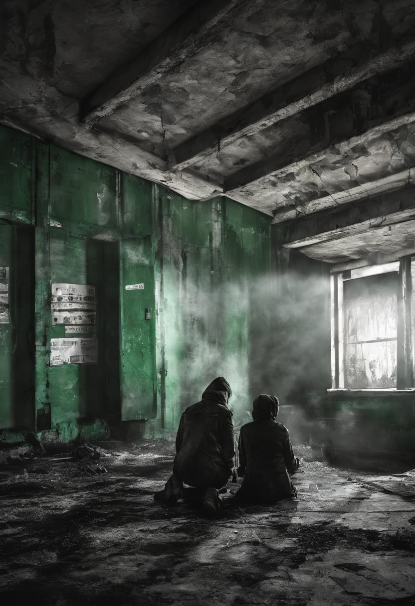 A Photograph of two patients, their hands ominously tagged in Green and Red, reveals a dark and sinister narrative. The eerie lighting casts haunting shadows, evoking a sense of foreboding. The composition, inspired by the works of Tim Burton and Film Noir, captures the unsettling atmosphere of a clandestine experiment gone awry.