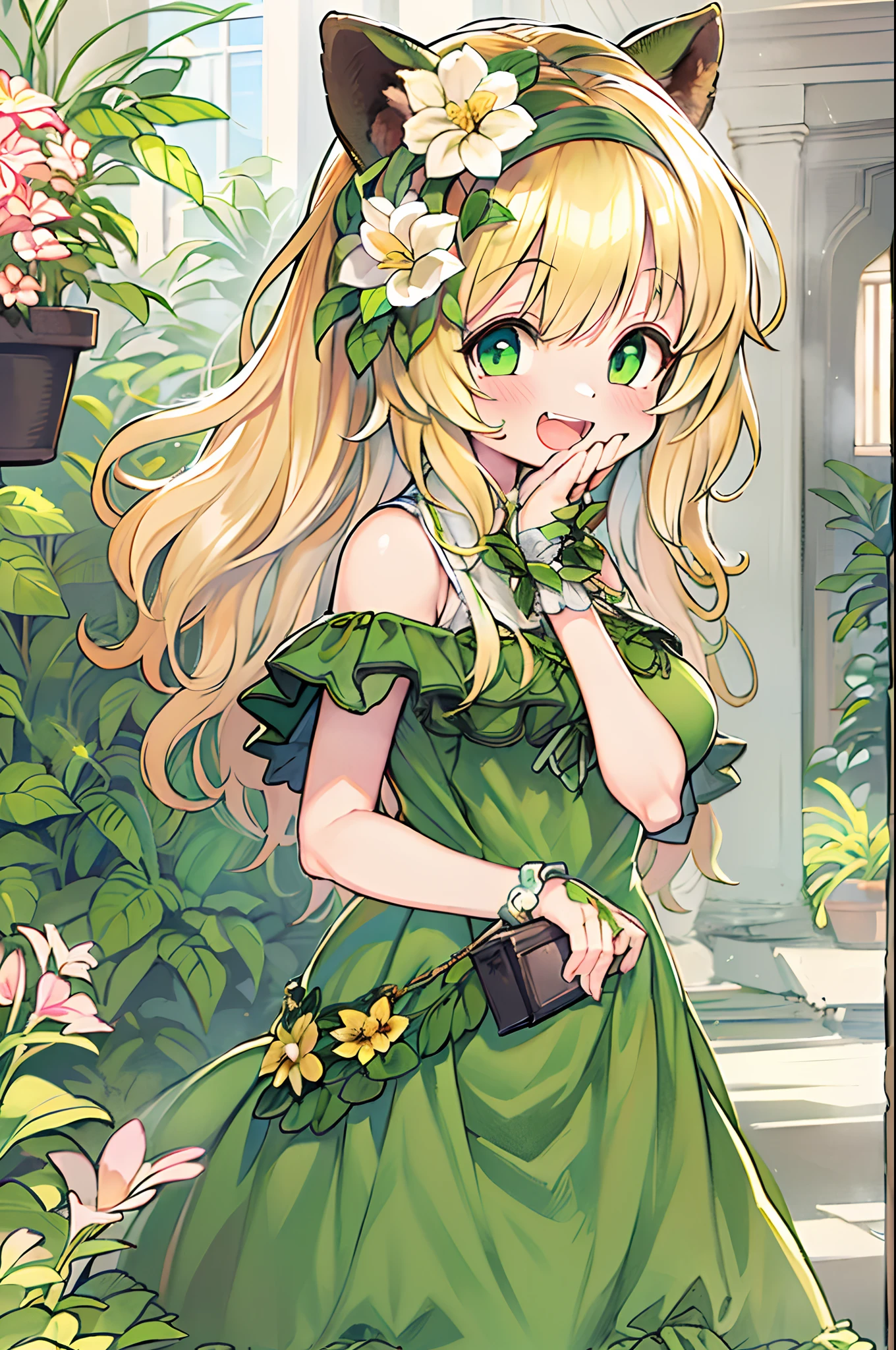 1girl in, :D, animal ear fluff, Animal ears, Bangs, black hairband, Blonde hair, Blurry, Blurry background, depth of fields, Dress, flower, flower pots, frilly dress, frilld, Green dress, Green eyes, shairband, Holding, Long hair, Open mouth, pink flowers, plant, potted plant, sketch, Sleeveless, Sleeveless dress, Smile, Solo, tail, Wrist cuffs, yellow flower, 1980s (Style)