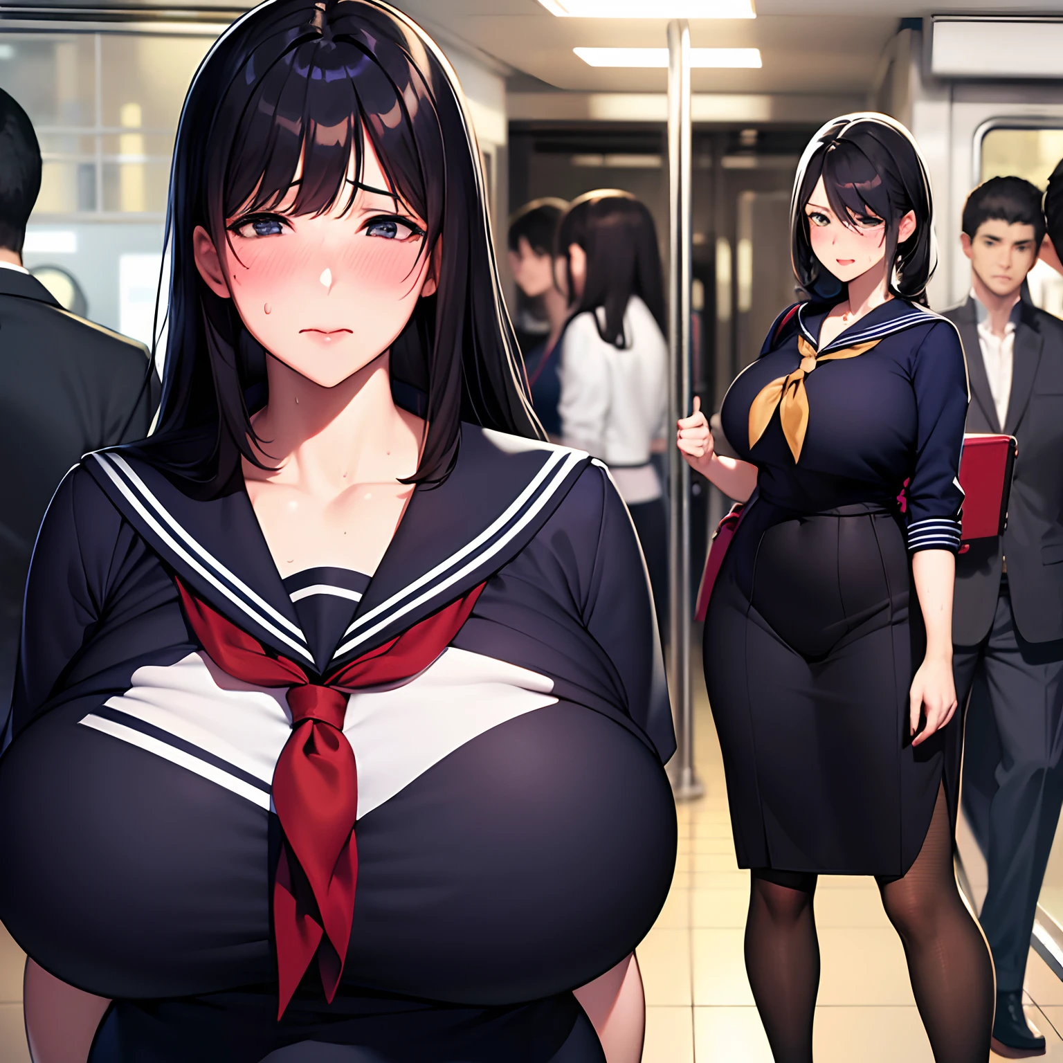 realistic anime art style,(tareme),(curvy body),black unkempt hair,(sailor uniform),unpretentious mature woman standing in crowded train,sad,blushed,trembling,(sweaty),full body shot