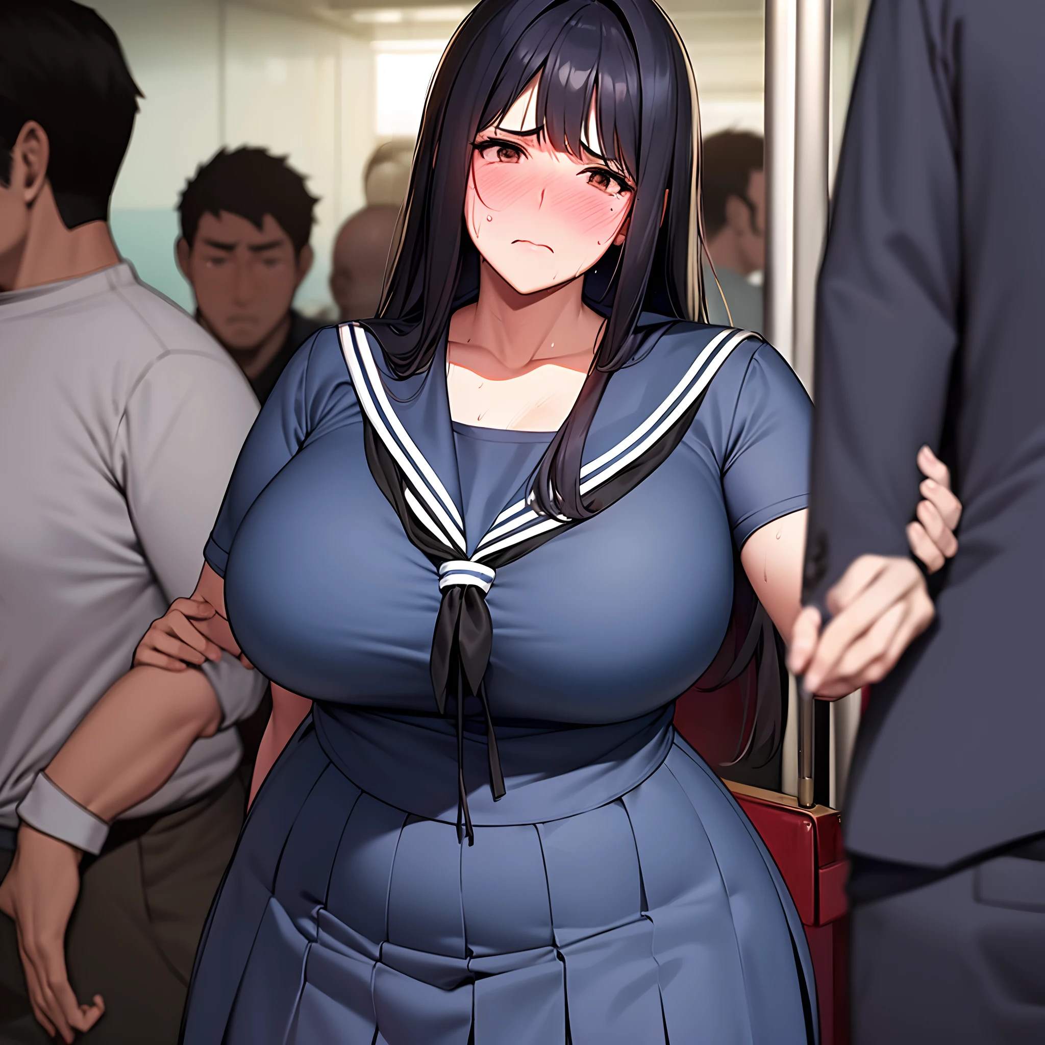 realistic anime art style,(tareme),(curvy body),black unkempt hair,(sailor uniform),unpretentious mature woman standing in crowded train,frowning,blushed,trembling,(sweaty),sweaty thighs
